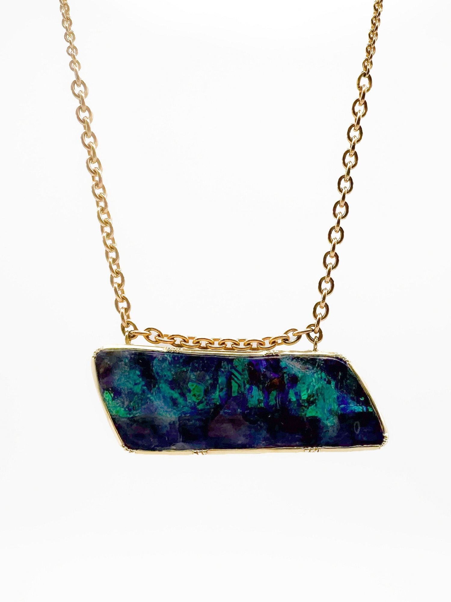 Brooke Gregson 18K Gold Boulder Opal Pendant Necklace: Brooke Gregson 18K yellow gold necklace featuring a boulder opal pendant. Pendant measures 1 3/4 inches wide. Necklace is 19 inches long. Total weight: 18 grams.