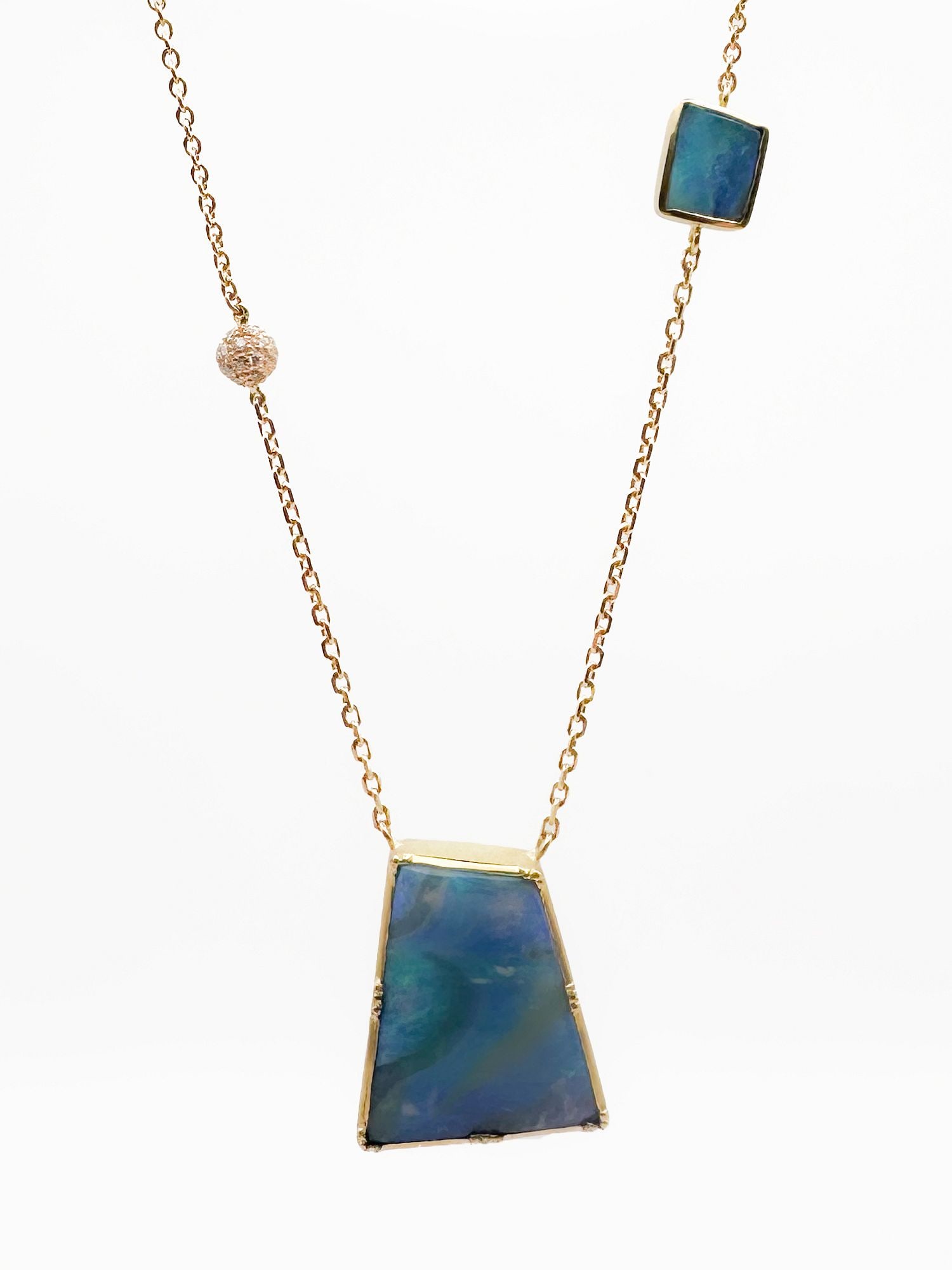 Brooke Gregson 18K Gold Boulder Opal & Diamond Necklace: Brooke Gregson 18K yellow gold necklace featuring a boulder opal pendant, a diamond-set bead, and a square opal accent. Chain is 18 inches, pendant is 1 inch long. Total weight: 11 grams.