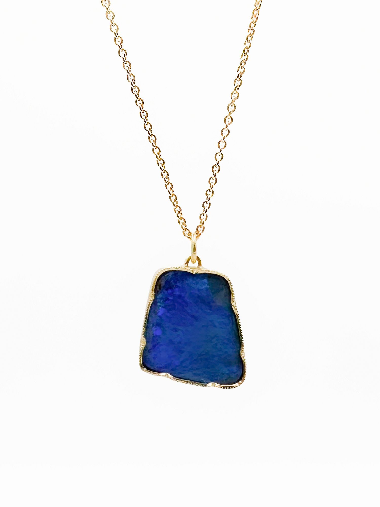 Brooke Gregson 18K Gold Boulder Opal Pendant Necklace: Brooke Gregson 18K yellow gold necklace featuring a boulder opal pendant. The chain is 17 inches long, and the pendant measures 5/8 inch. Total weight: 7.2 grams.