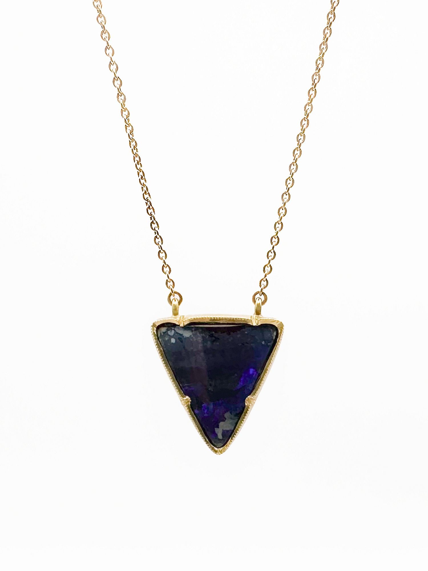 Brooke Gregson 18K Gold Boulder Opal Pendant Necklace: Brooke Gregson 18K yellow gold necklace featuring a triangular boulder opal pendant. Chain is 17 inches, pendant is 3/4 inch long. Total weight: 9.2 grams.