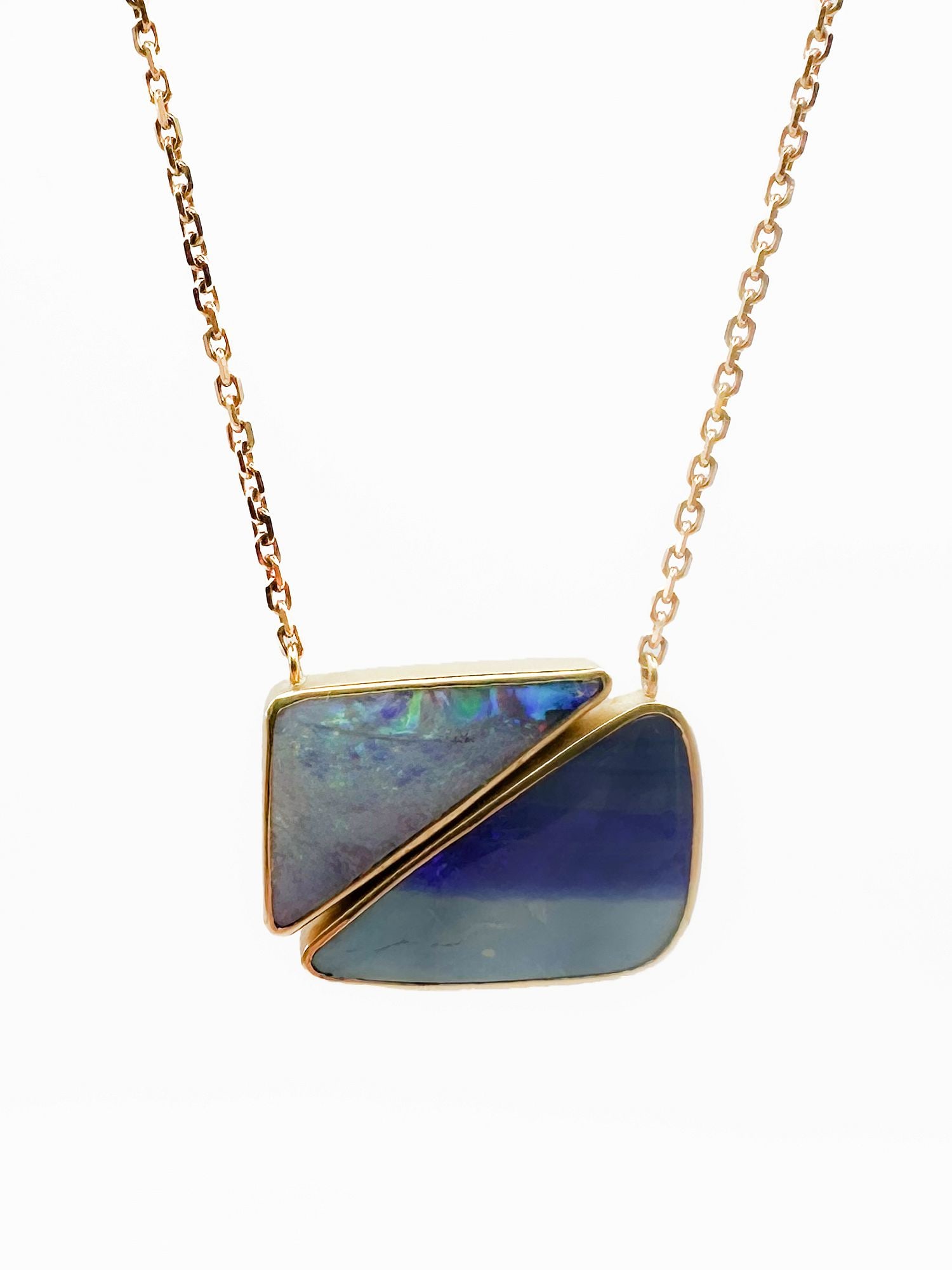 Brooke Gregson 18K Gold Boulder Opal Double Triangle Pendant Necklace: Brooke Gregson 18K yellow gold necklace featuring a boulder opal double triangle pendant. 16 inch chain. Pendant is 1 inch wide. 9.1 grams.
