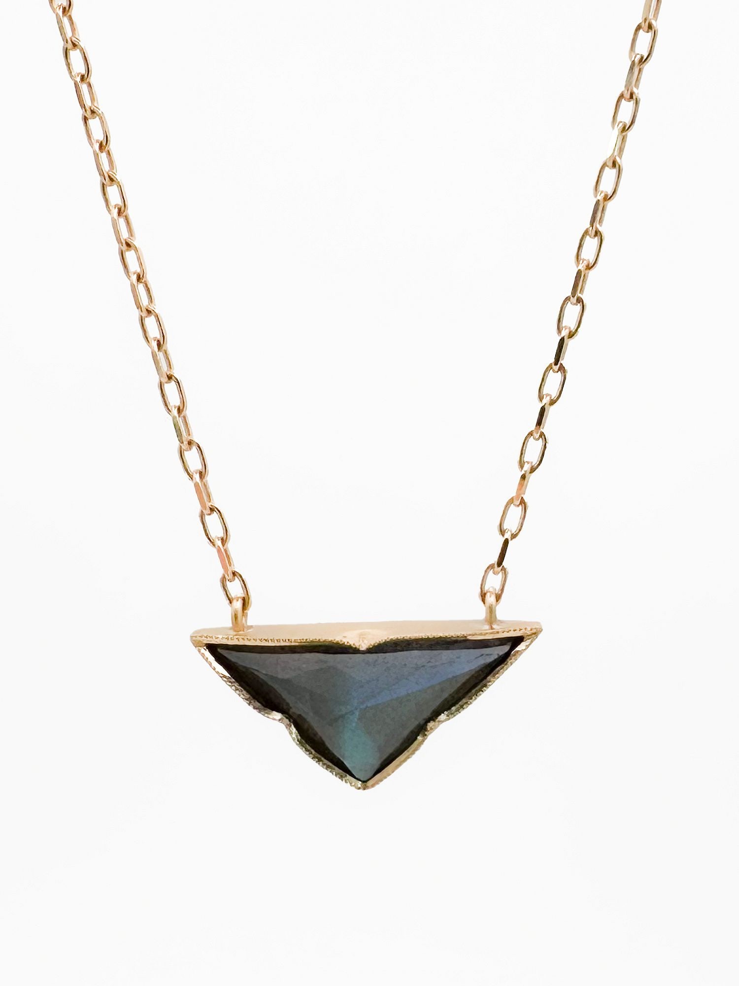 Brooke Gregson 18K Gold Labradorite Pendant Necklace: Brooke Gregson necklace featuring an 18K gold chain and a triangular labradorite pendant. Chain is 17 inches long, pendant is 1 inch wide, and the piece weighs 5.1 grams.