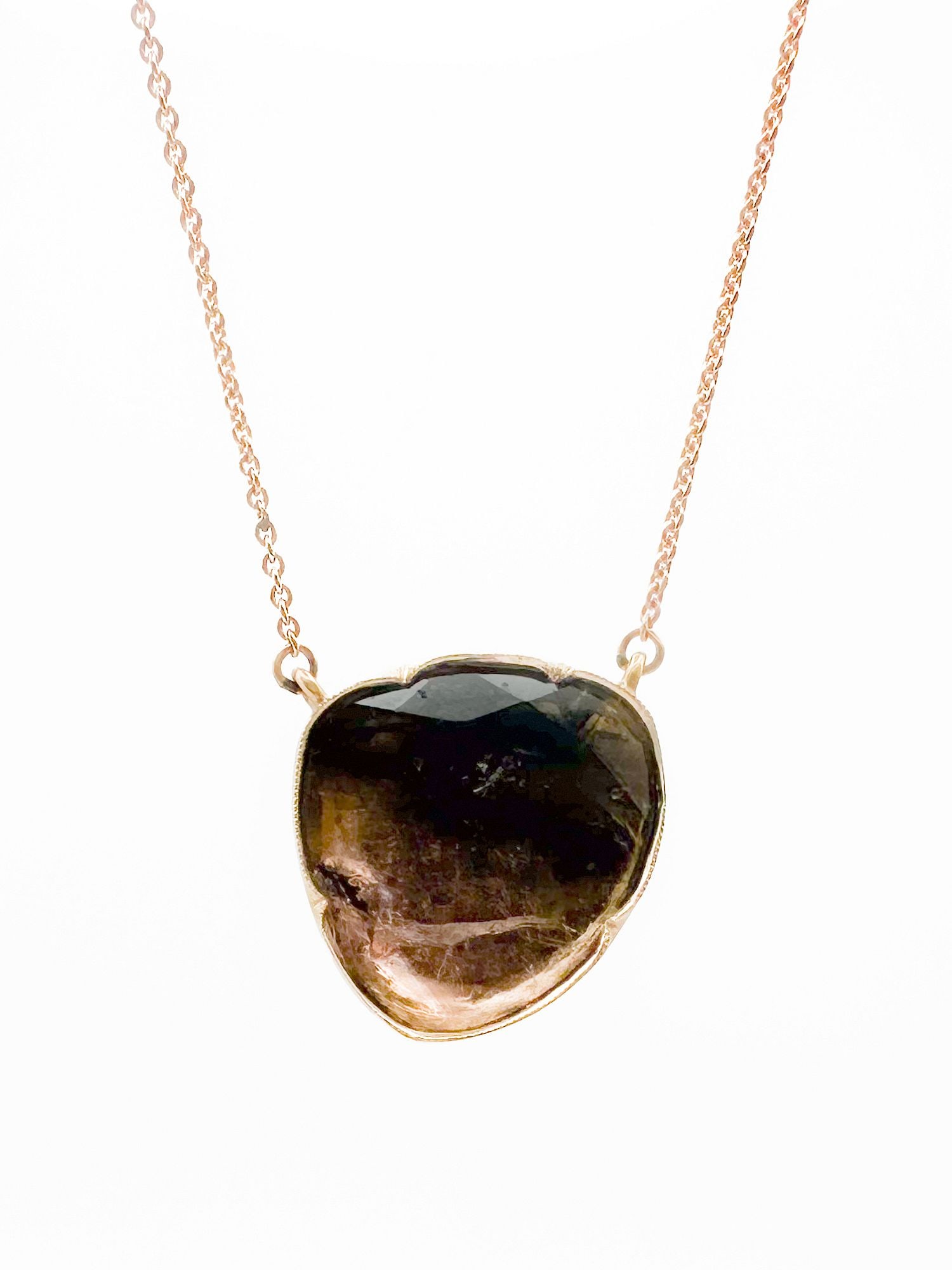 Brooke Gregson 18K Gold & Tourmaline Pendant Necklace: Brooke Gregson 18K rose gold necklace featuring a tourmaline pendant. Necklace is 17 inches long, pendant is 3/4 inch long. Total weight: 10.5 grams.