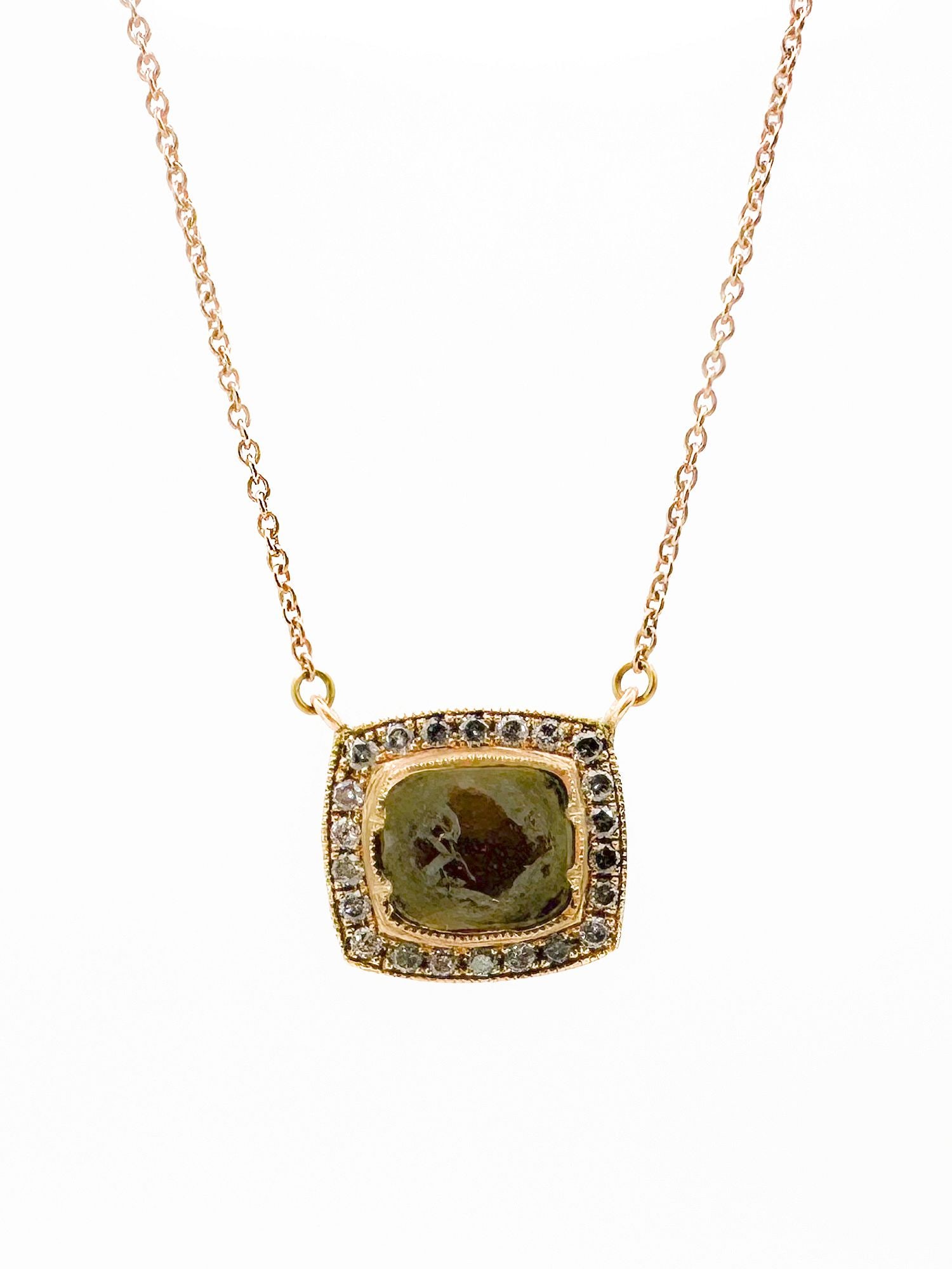 Brooke Gregson 18K Gold Diamond Pendant Necklace: Brooke Gregson 18K gold necklace featuring a diamond pendant. The necklace is 17 inches long, and the pendant is 1/2 inch wide, weighing 5.9 grams.