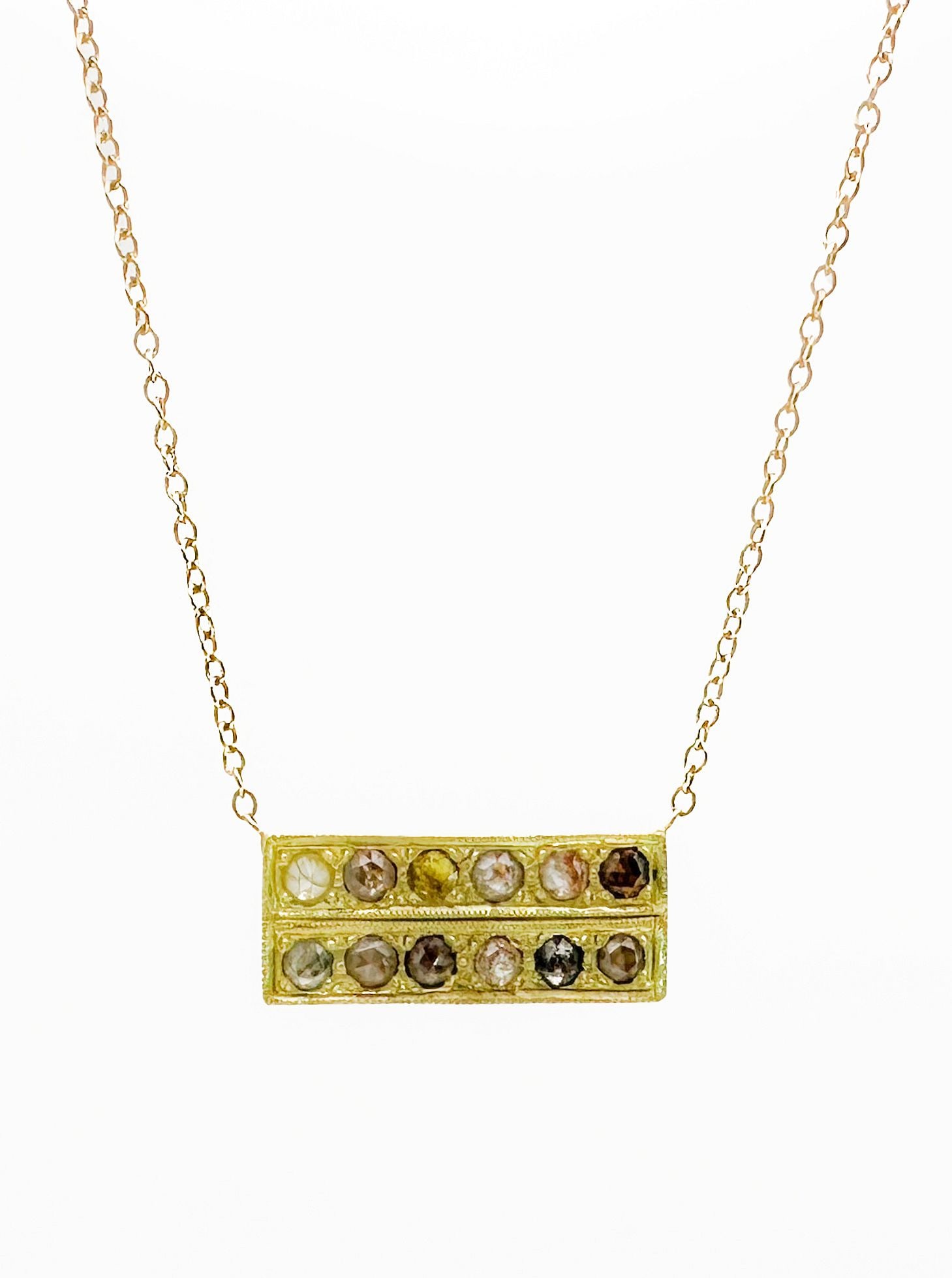 Brooke Gregson 18K Gold Diamond Bar Pendant Necklace: Brooke Gregson 18K yellow gold necklace featuring a bar pendant set with diamonds. 16 inches long, pendant 1 inch wide. 5.2 grams.