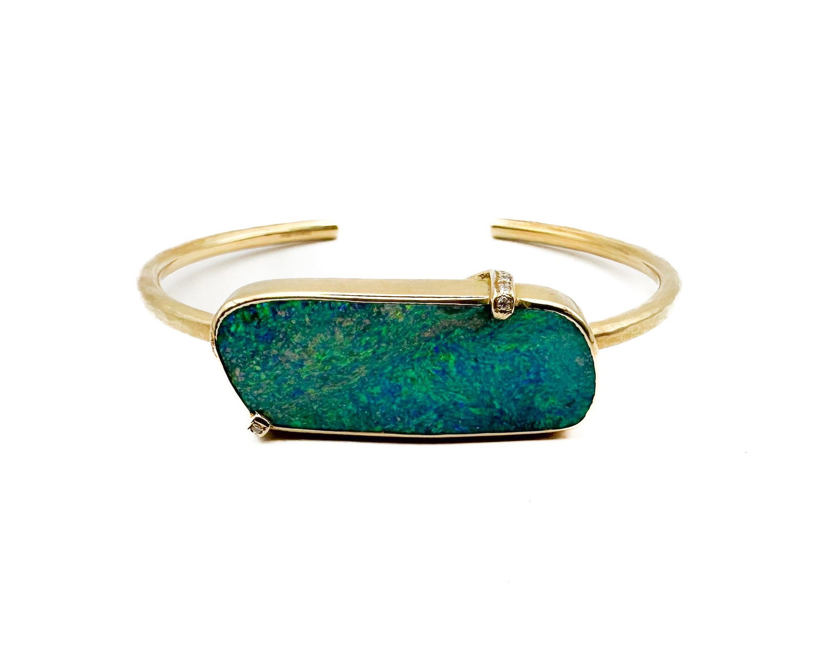 Brooke Gregson 18K Gold Boulder Opal And Diamond Cuff Bracelet: Brooke Gregson hand-engraved 18K gold cuff bracelet featuring boulder opal and diamond pavé. Designer signed. Bracelet size 6 inches with 5.5 inches interior of cuff. Total weight: 19.1 grams.