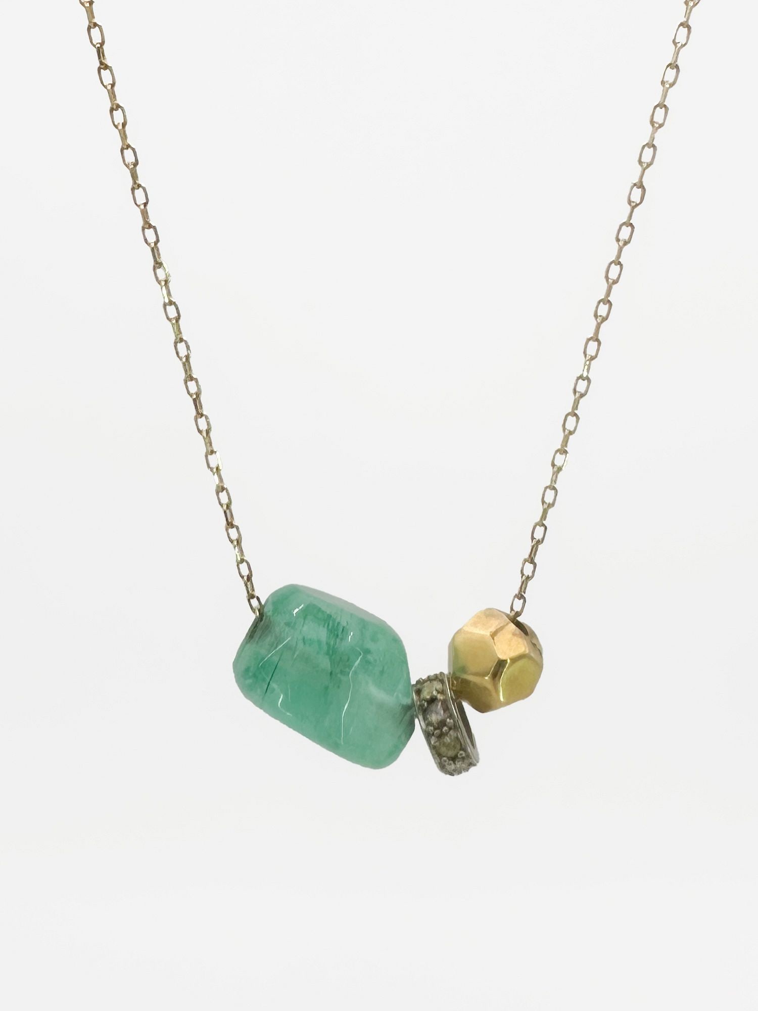 Orduna 14K Gold, Tourmaline & Diamond Pendant Necklace: Orduna 14K yellow gold necklace featuring a tourmaline, diamond, and gold charm pendant. Marked 'Orduna' on clasp. 16 inches long, 4.4 grams.
