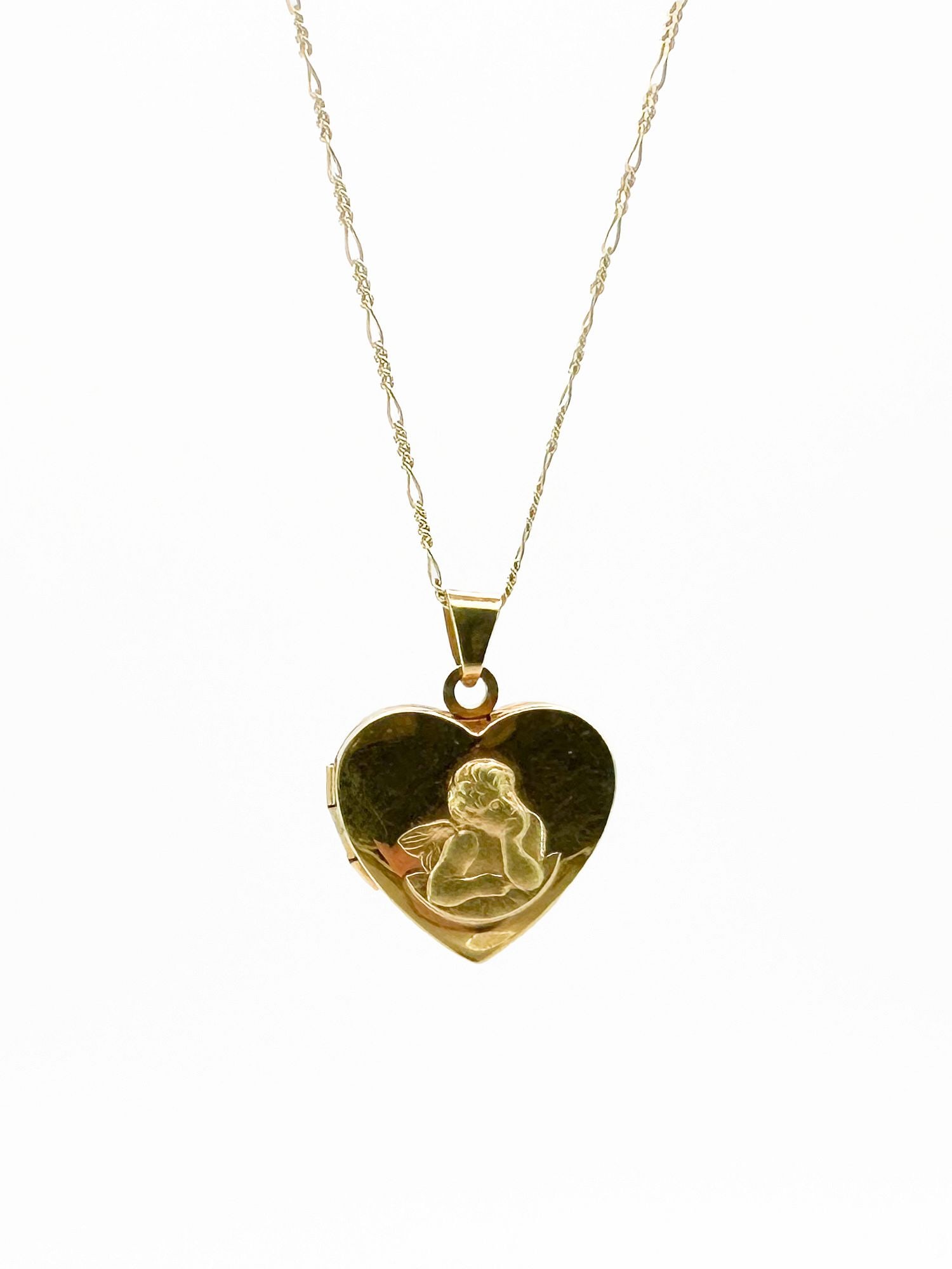 14K Yellow Gold Heart Locket Cherub Pendant Necklace: 14K yellow gold necklace featuring a heart-shaped locket pendant with a cherub design. The chain is 18 inches long, and the pendant measures 1/2 inch. Total weight: 2.7 grams.