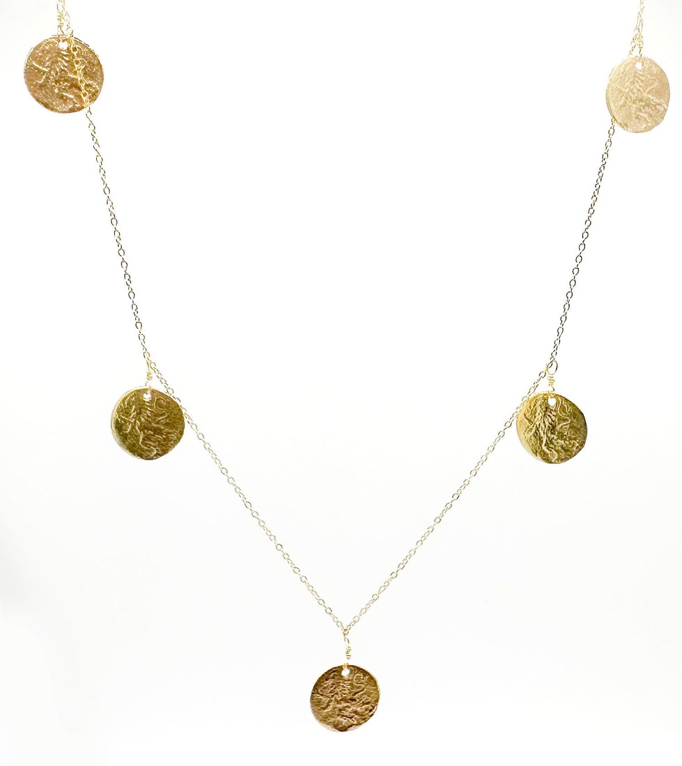 Dominique Cohen 18K Gold Five Coin Necklace: Dominique Cohen 18K yellow gold 'Mackenzie' necklace featuring five coin pendants suspended on a delicate chain. Adjustable length: 18, 19, or 20 inches. Weighs 6.4 grams.