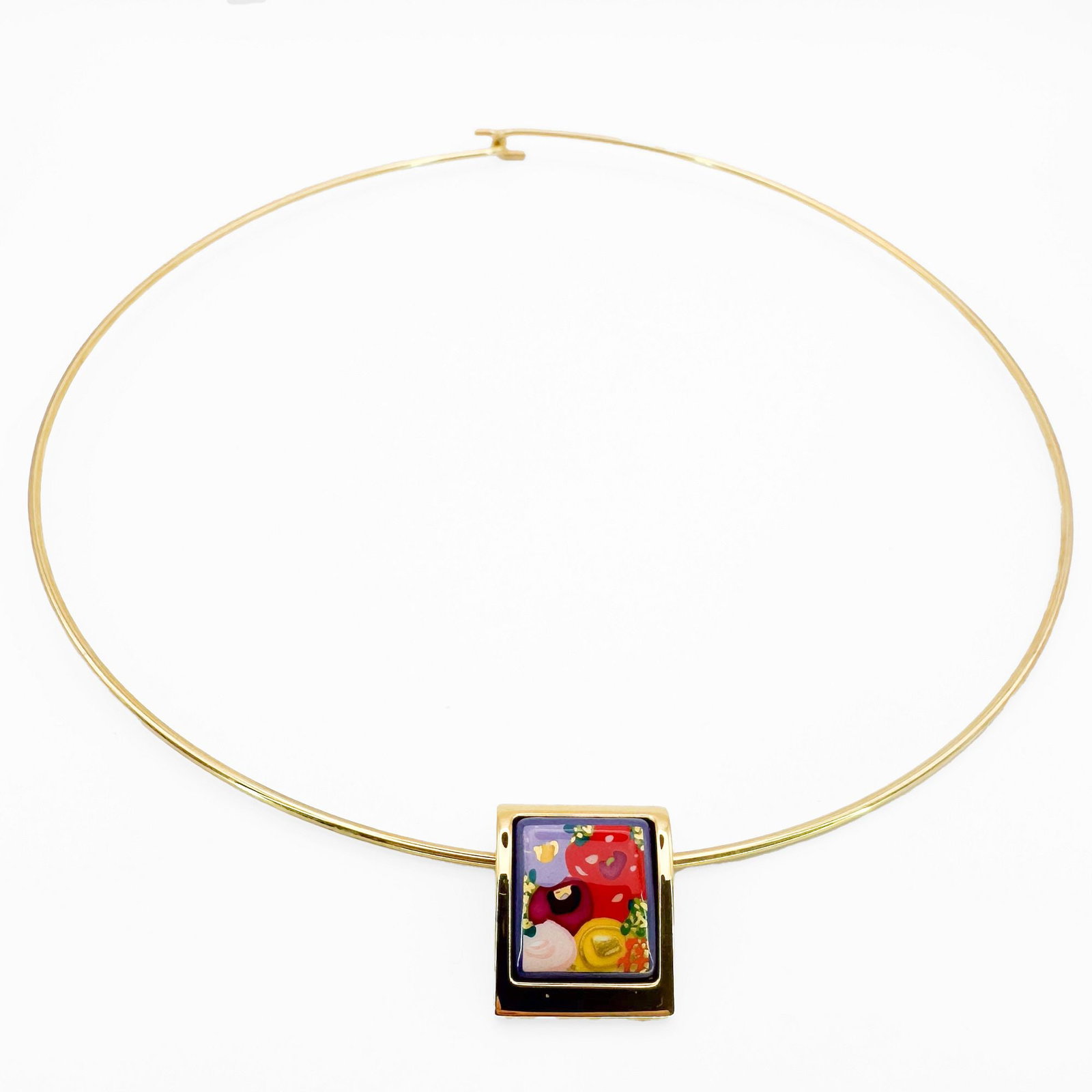 Freywille Gold Plated Enamel Pendant Choker Necklace: Freywille gold plated wire collar choker necklace featuring a square pendant with colorful enamel design. Choker is 16 inches, pendant is 1 1/4 inches long. Marked Freywille, Made in Austria.