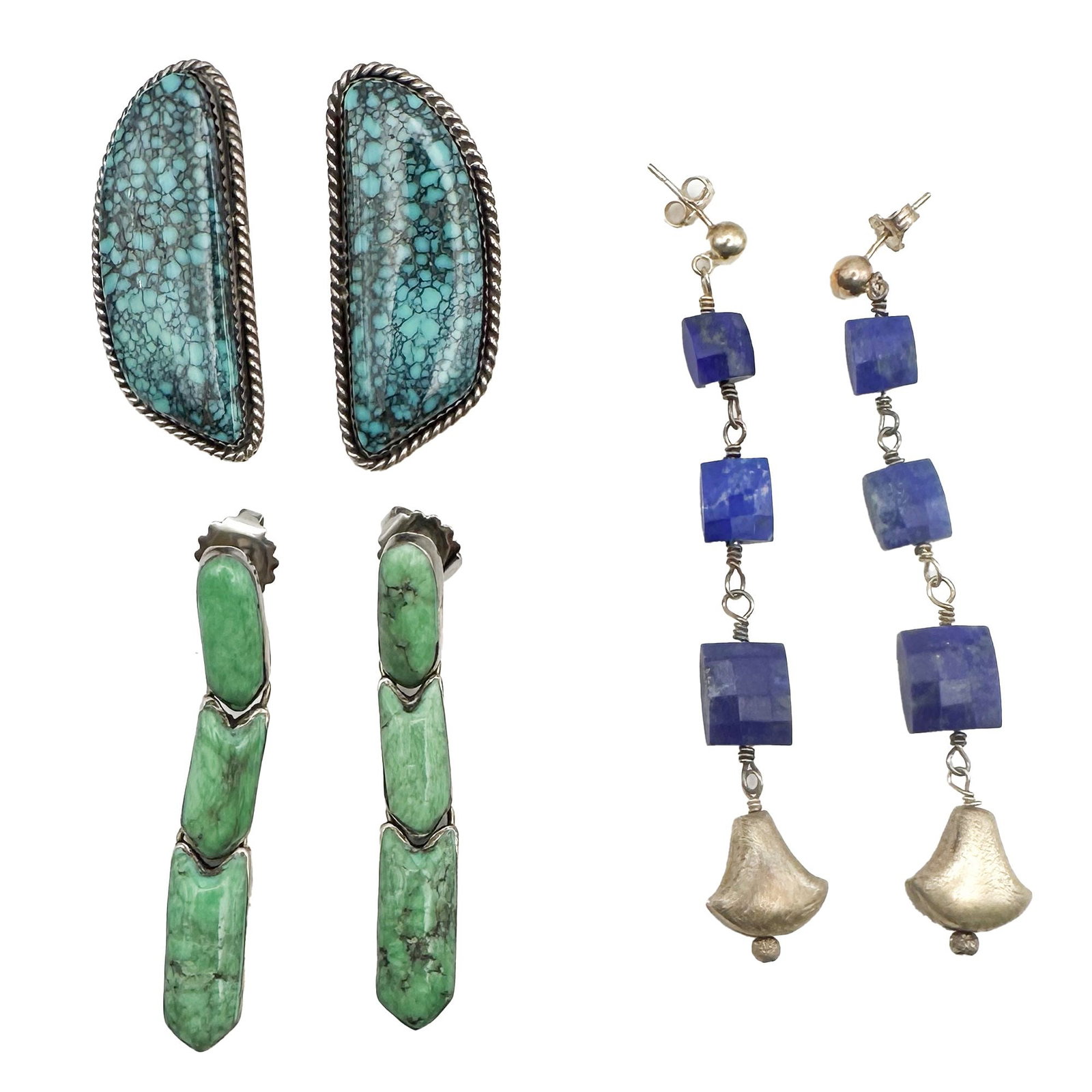 Lot of 3 Pairs of Sterling Silver Earrings with Turquoise, Lapis Lazuli, and Green Stone (1 of 6)