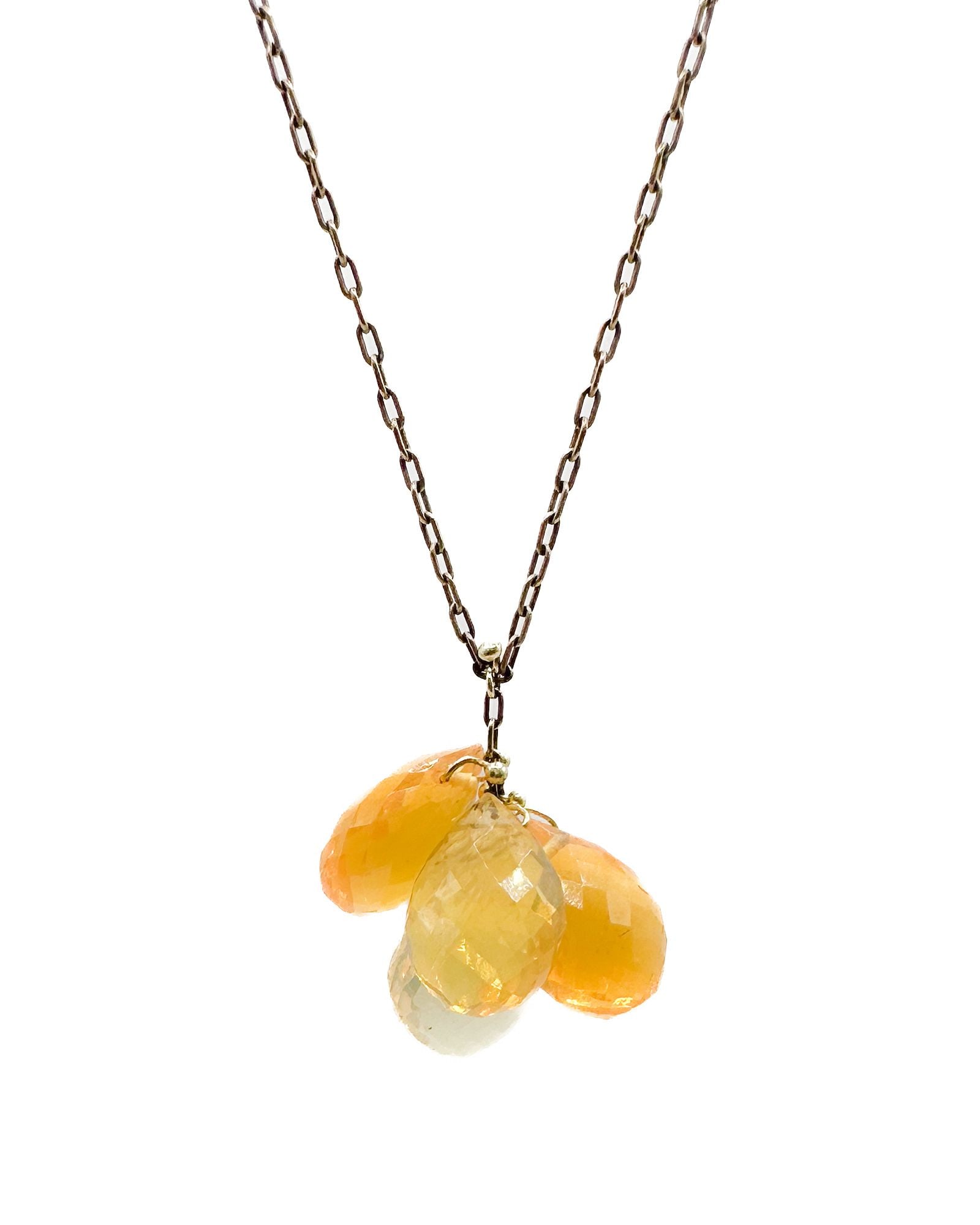 Ten Thousand Things 14K Gold Crystal Briolette Cluster Necklace: Ten Thousand Things necklace featuring 14K gold chain with cluster of faceted crystal briolettes in varying shades of yellow and orange. Measures 16 inches in length. Weighs 5 grams.