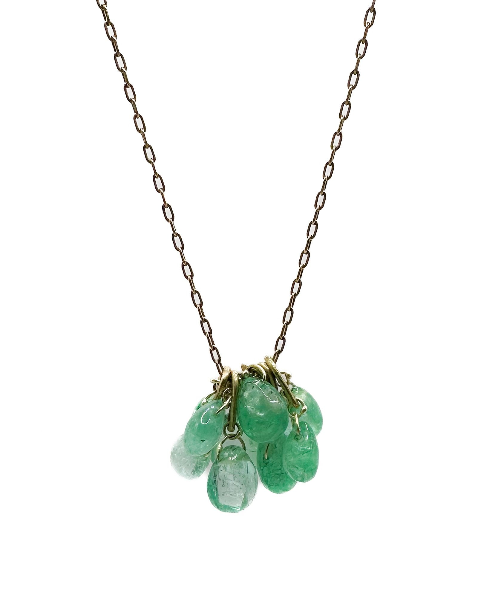 Ten Thousand Things 18K Yellow Gold Emerald Cluster Necklace: Ten Thousand Things 18K yellow gold necklace featuring a cluster of emerald drops in contemporary design. Measures 16 inches in length. Total weight: 5.5 grams.