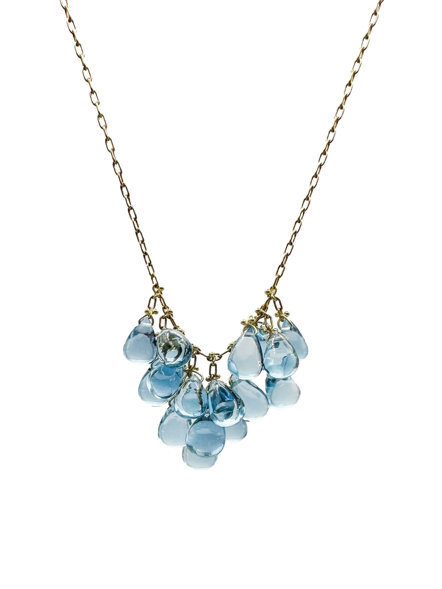 Ten Thousand Things 18K Gold Topaz Briolette Cluster Necklace: Ten Thousand Things 18K yellow gold necklace featuring a cluster of blue topaz briolettes. 15 inches long, 7.7 grams.