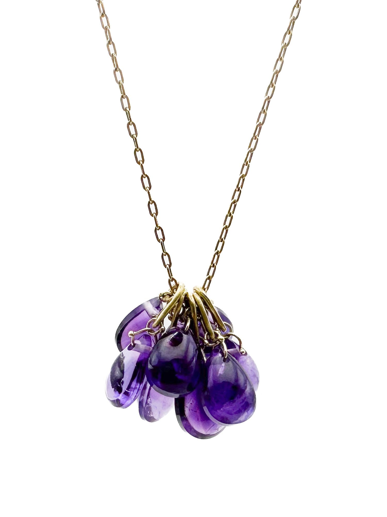 Ten Thousand Things 18K Gold Amethyst Briolette Cluster Necklace: 18K yellow gold necklace featuring a cluster of amethyst briolette drops. 18 inches long, 7 grams.