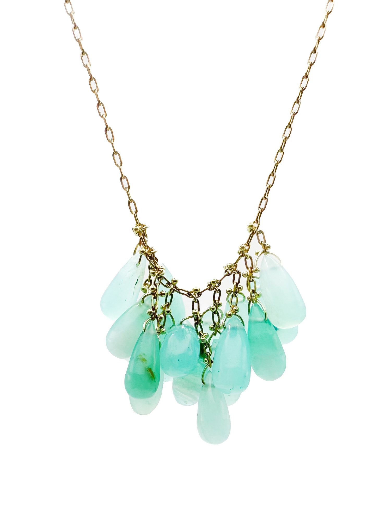 Ten Thousand Things 18K Gold Aqua Chalcedony Briolette Cluster Necklace: Ten Thousand Things 18K yellow gold necklace featuring aqua chalcedony briolette cluster. 16 inches long, 7.8 grams.