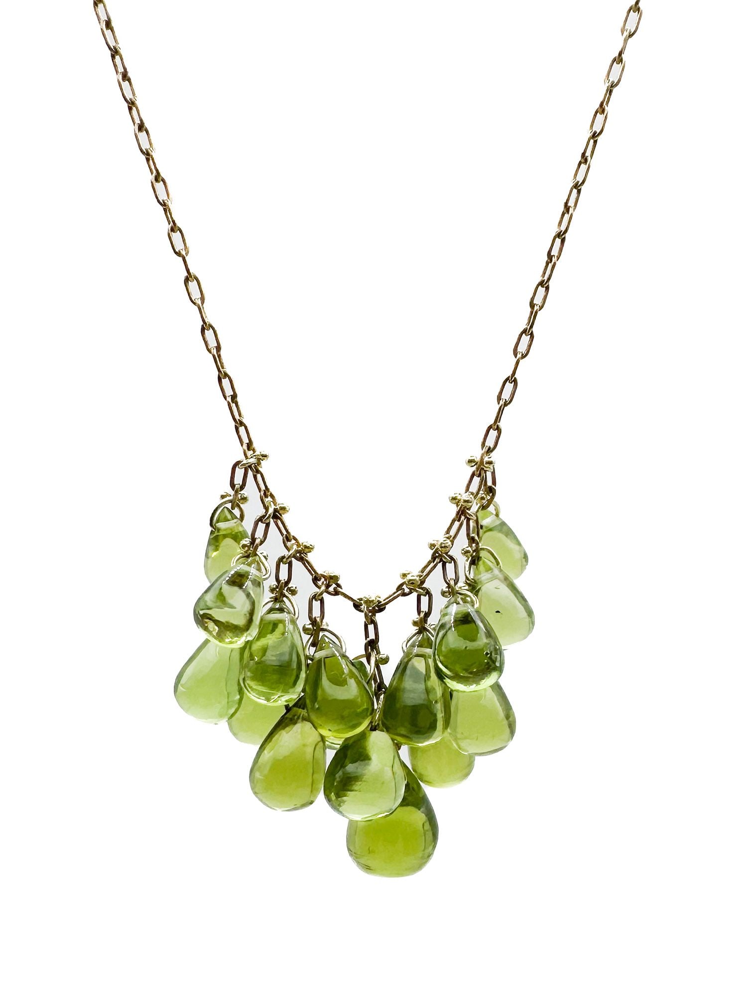 Ten Thousand Things 18K Gold Peridot Briolette Cluster Necklace: 18K yellow gold necklace by Ten Thousand Things featuring a cluster of peridot briolette drops. 16 inches long. 7.6 grams.