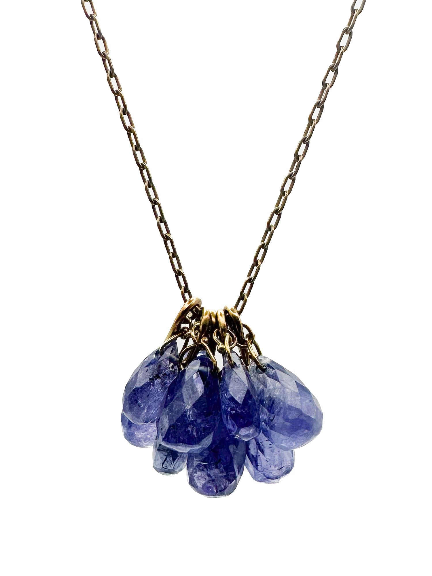 Ten Thousand Things 18K Gold Tanzanite Briolette Cluster Necklace: 16 inches long. 6.8 grams. Features a cluster of tanzanite briolette gemstones suspended from an 18K gold chain.