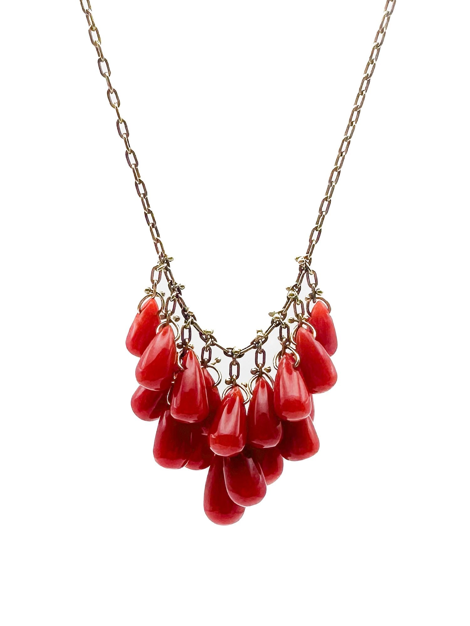 Ten Thousand Things 18K Gold Red Coral Briolette Waterfall Necklace: 18K yellow gold necklace featuring red coral briolette drops. 17 inches long, 6.6 grams.