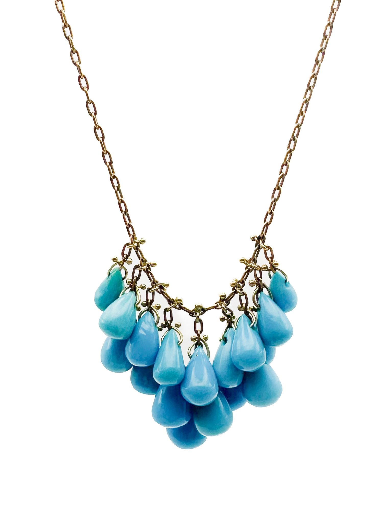 Ten Thousand Things 18K Gold Turquoise Briolette Waterfall Necklace: Ten Thousand Things 18K yellow gold necklace featuring a cascade of turquoise briolette drops. 17 inches long, 6.6 grams.