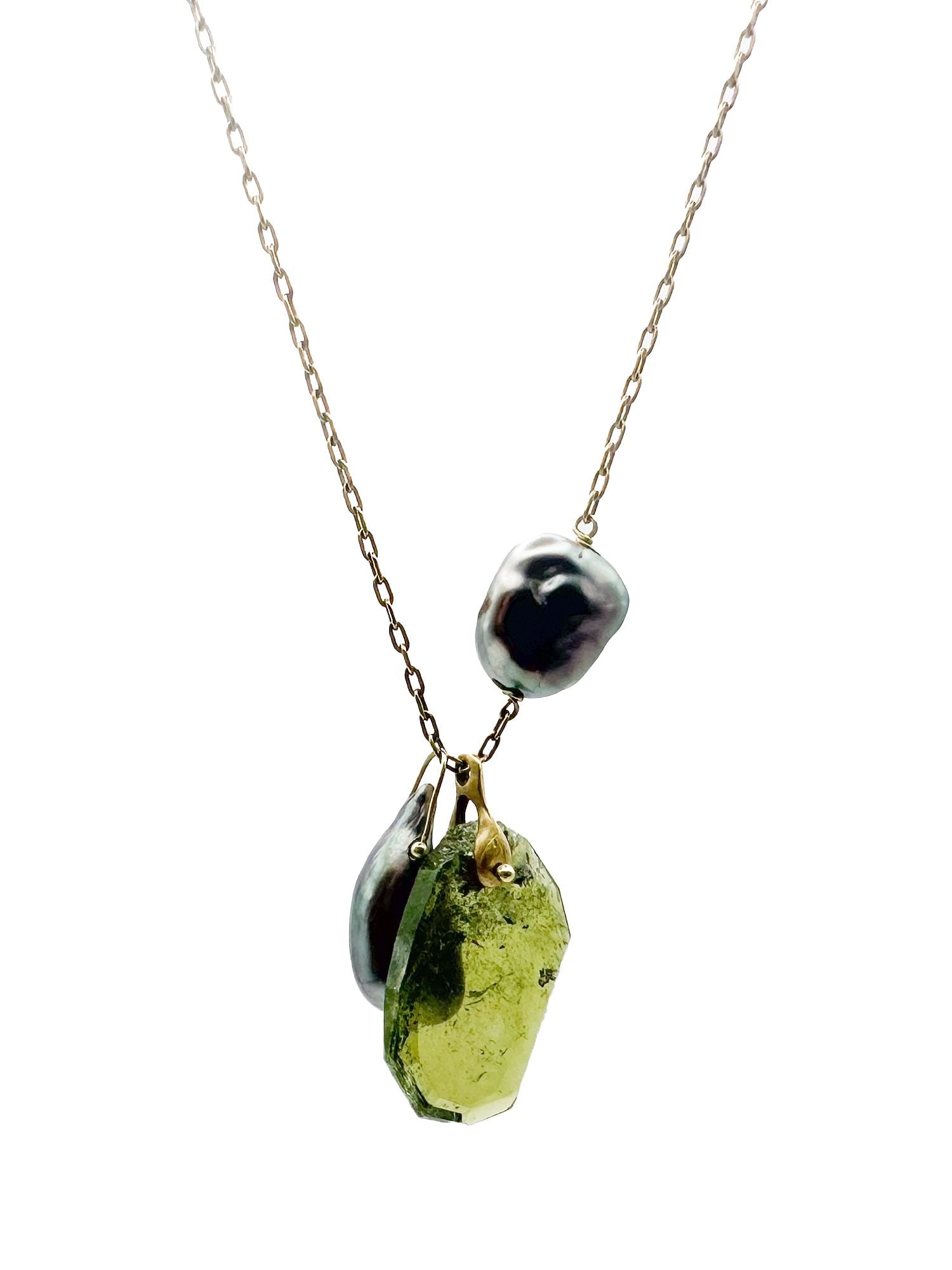 Ten Thousand Things 18K Gold Green Tourmaline and Pearl Luxe Charm Necklace: Ten Thousand Things 18K yellow gold necklace featuring a green tourmaline and two baroque pearl charms. 16.5 inches long, 6.7 grams.