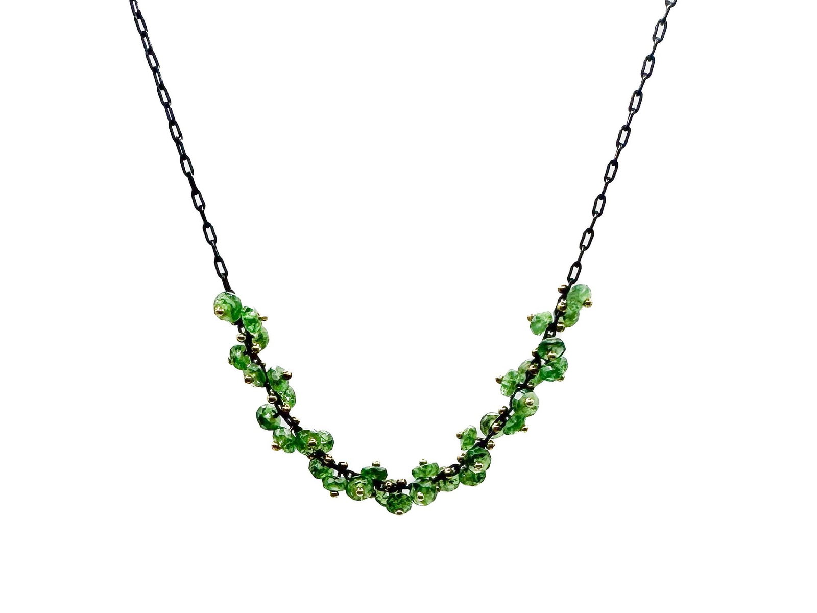 Ten Thousand Things Silver & Gold Green Tourmaline Necklace: Oxidized silver chain necklace featuring a spiral of green tourmaline beads and gold accents. 16 inches long, 3 grams.