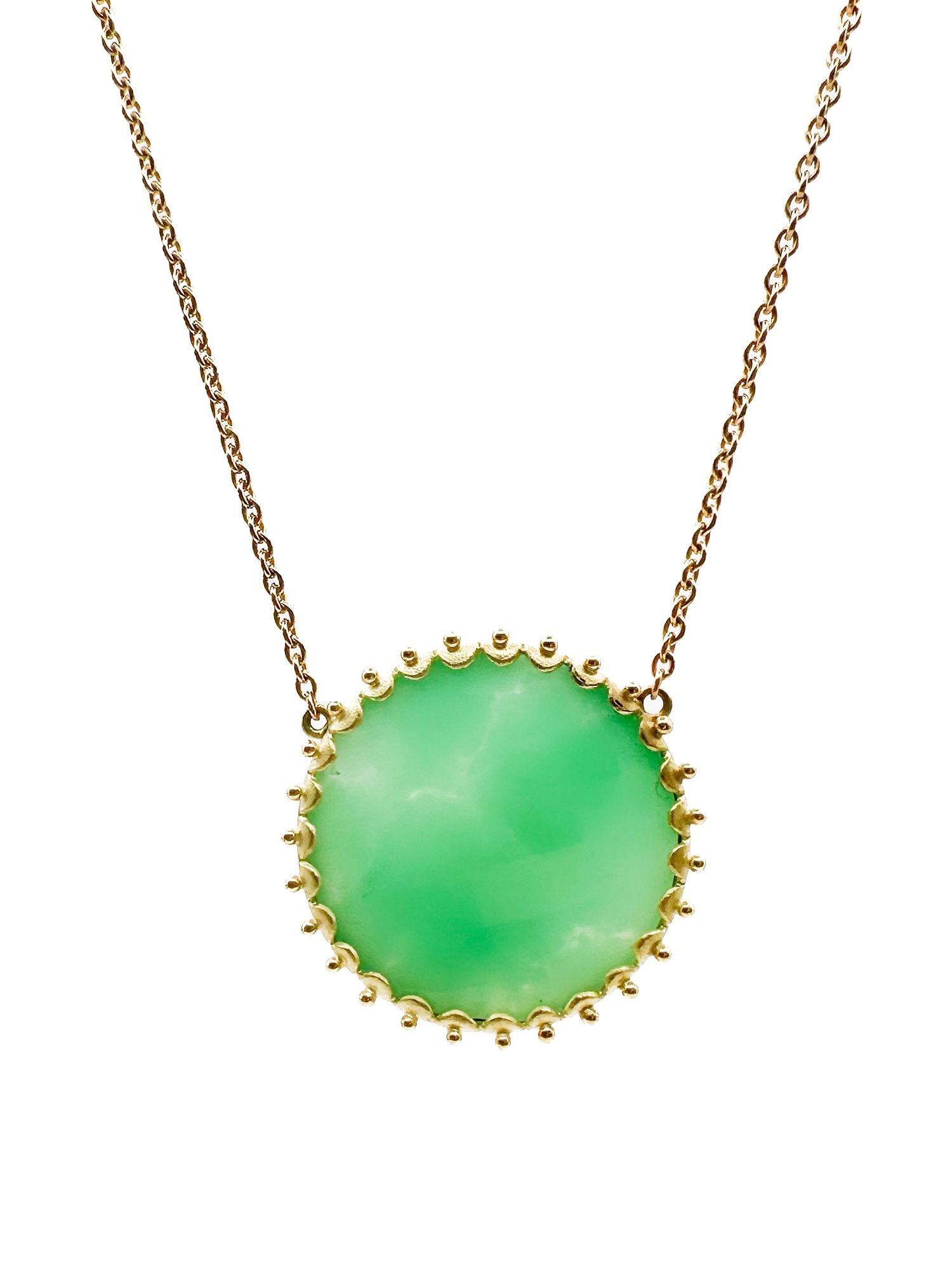 18K Gold Chrysoprase Pendant Necklace: 18K yellow gold necklace featuring a faceted green chrysoprase round pendant. Lobster clasp with shortener. 16 inch chain. Pendant measures 7/8 inch. 6.5 grams.