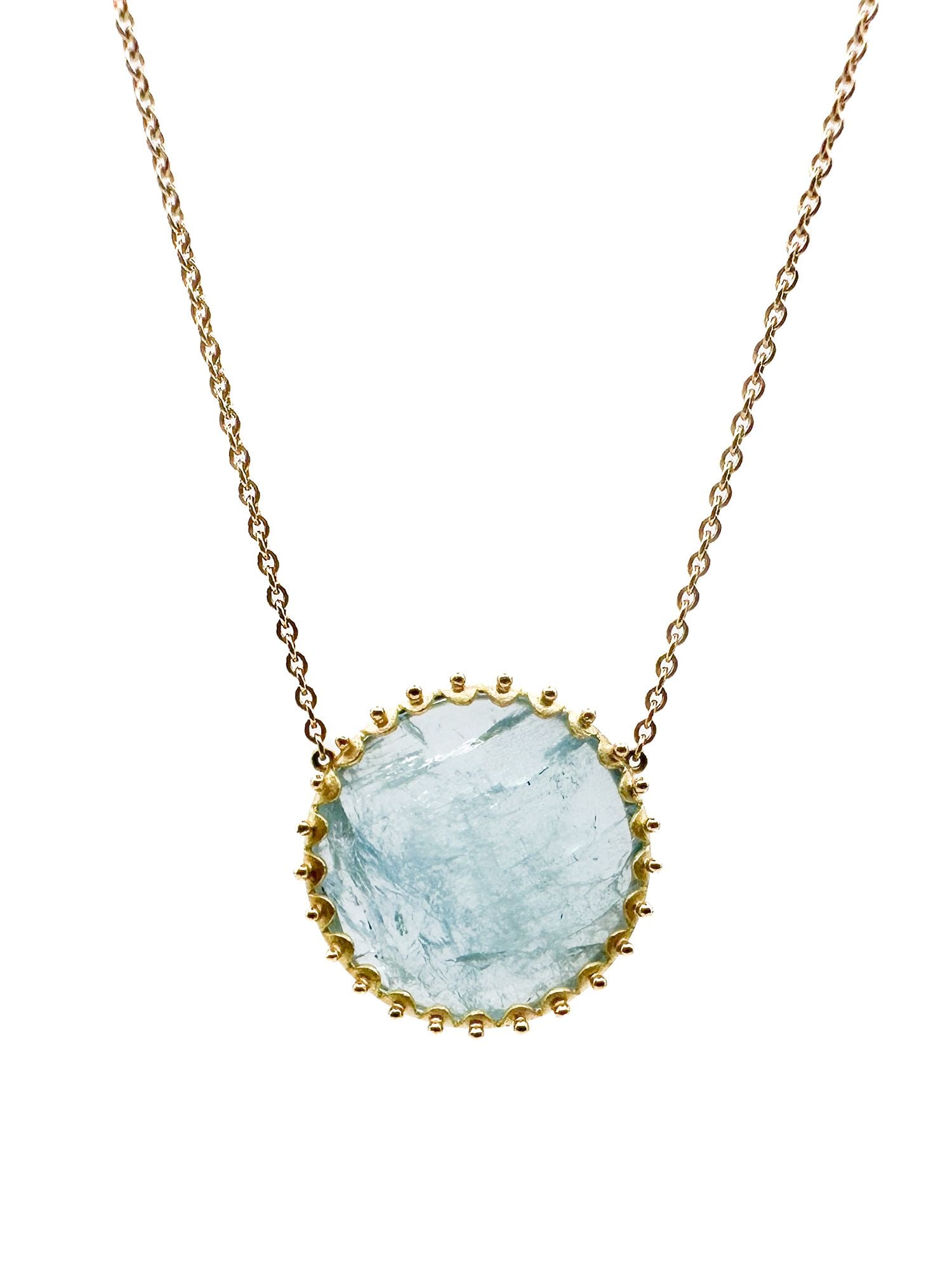 18K Gold Aquamarine Pendant Necklace: 18K yellow gold necklace featuring a round, faceted aquamarine pendant with beaded detail. Chain is 18 inches, pendant diameter is 7/8 inch. Total weight: 7 grams.