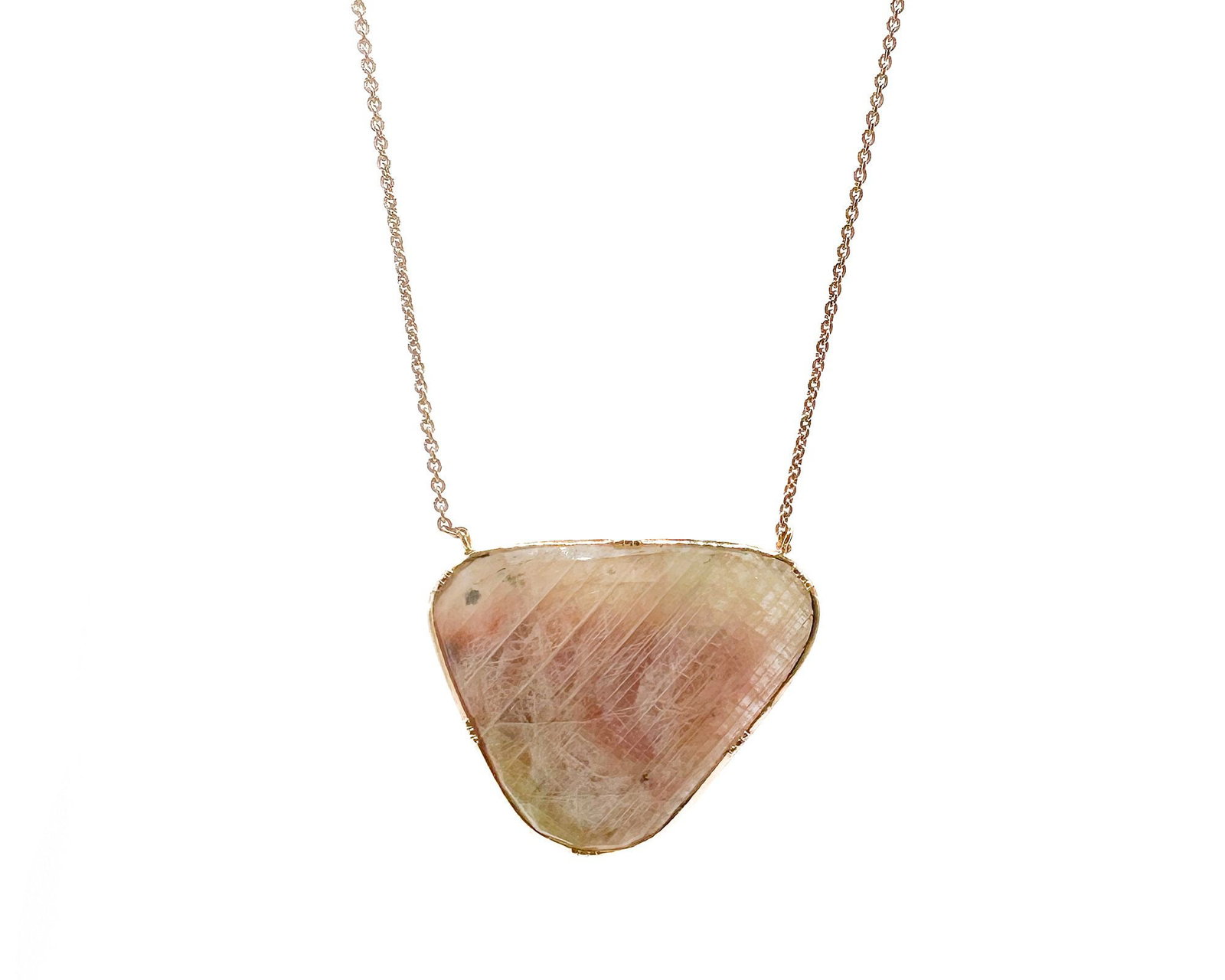 18K Rose Gold Rhodolite Slice Pendant Necklace: Necklace featuring rhodolite slice pendant set in 18K rose gold. Marked 18K, Italy. Pendant measures 1.375 inches by 1 inch, necklace measures 17 inches in length. Total weight: 11.9 grams.