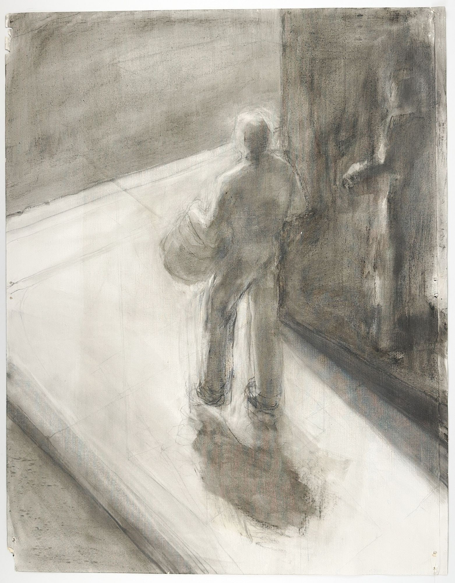 David Bowes (b. 1957) Mixed Media on Canvas Paper, Figure on the Sidewalk, 1980: Drawing with gesso and charcoal. Depicts a rendering of a figure standing on a corner of a sidewalk. Approximately 23 in H x 18 in W. Weighs approximately 1 lbs 5 oz. LOCAL PICK UP INFORMATION: Wednes