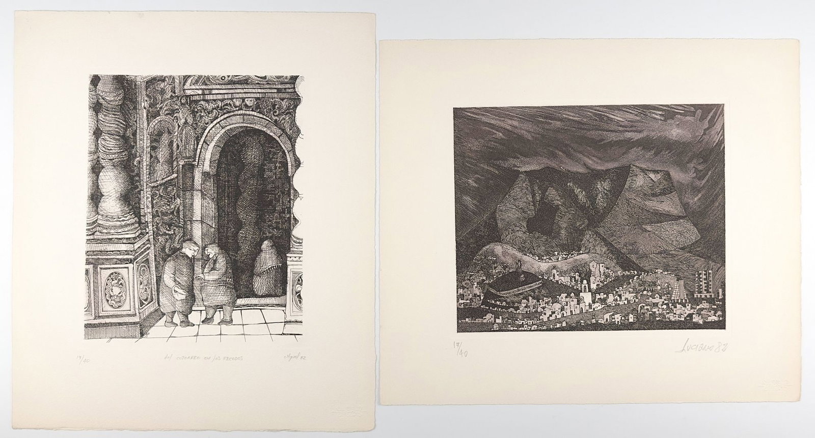 Lot of 2 Etchings by Miguel and Luciano (20th Century) Eds 17/40, 1982: Works by two different artists; Miguel and Luciano. Both are edition 17/40. Both are made in 1982. Each print is approximately 17.5 in x 15 in. Total weight is approximately 1lbs. LOCAL PICK UP INFORM