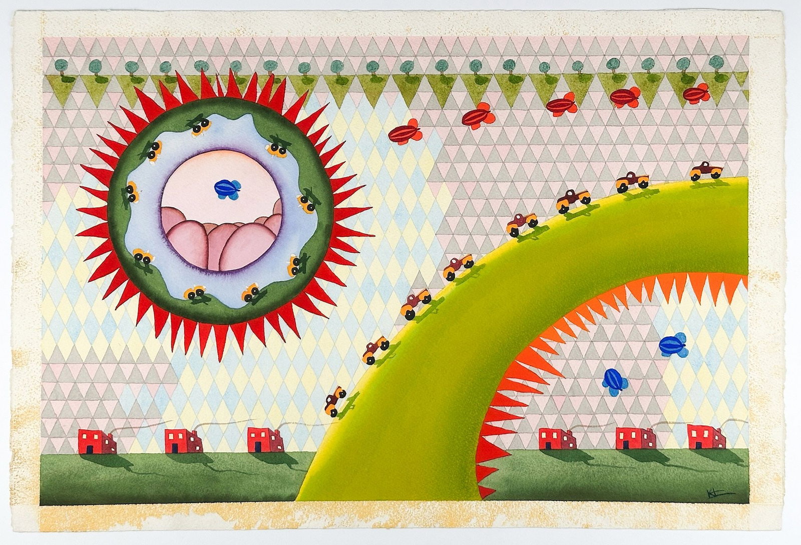 Ken Hay (20th Century) Watercolor on Paper, Midcentury Geometric Landscape with Buildings and (1 of 4)