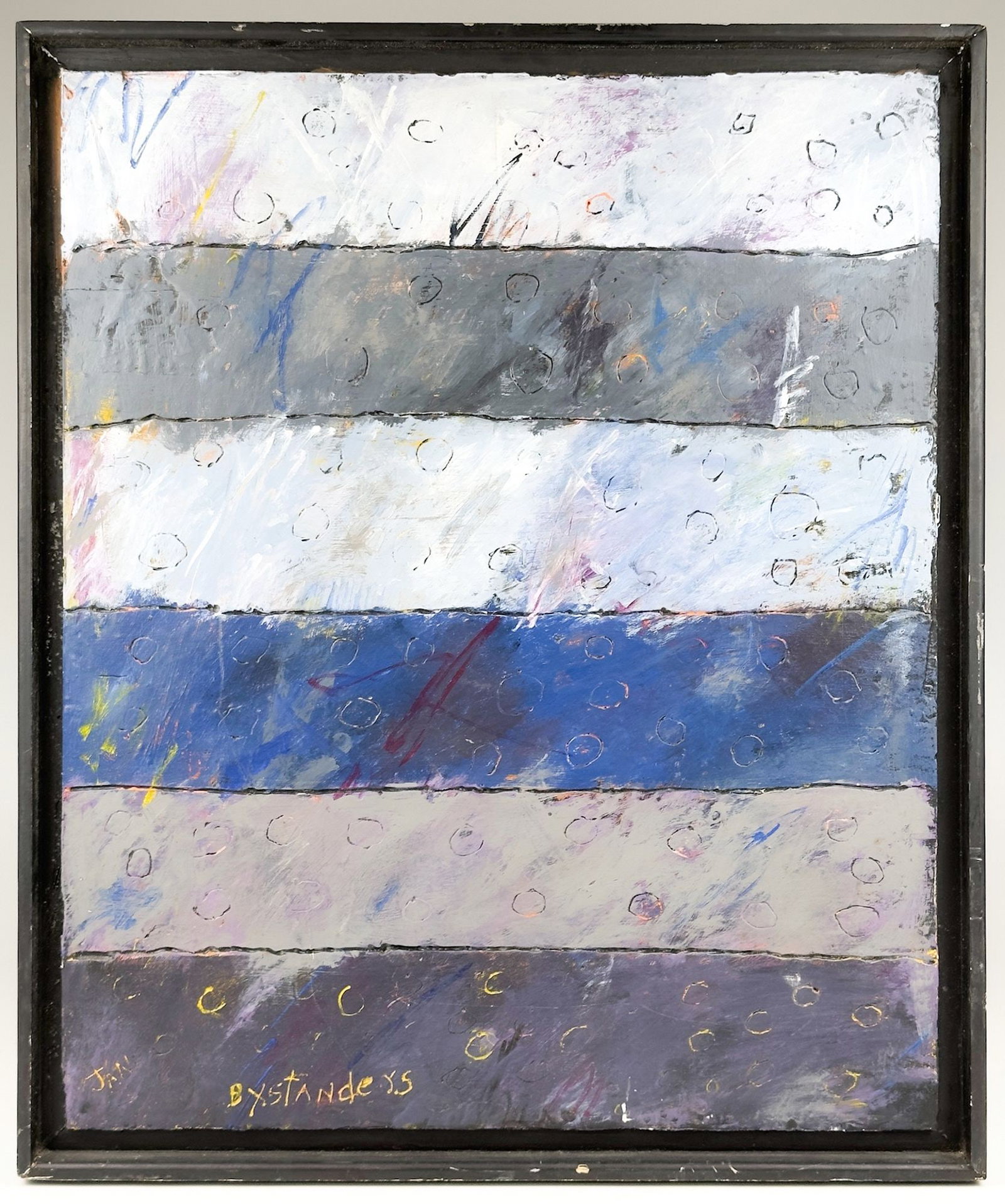 Jana, Abstract Oil on Wood, Bystanders, 2000: Titled Bystanders. Signed in the lower left corner. Abstract with bands, lines, and circles in shades of blue, grey, and yellow. Framed. Visible image is approximately 23.75 in H x 19.75 in W. Frame i