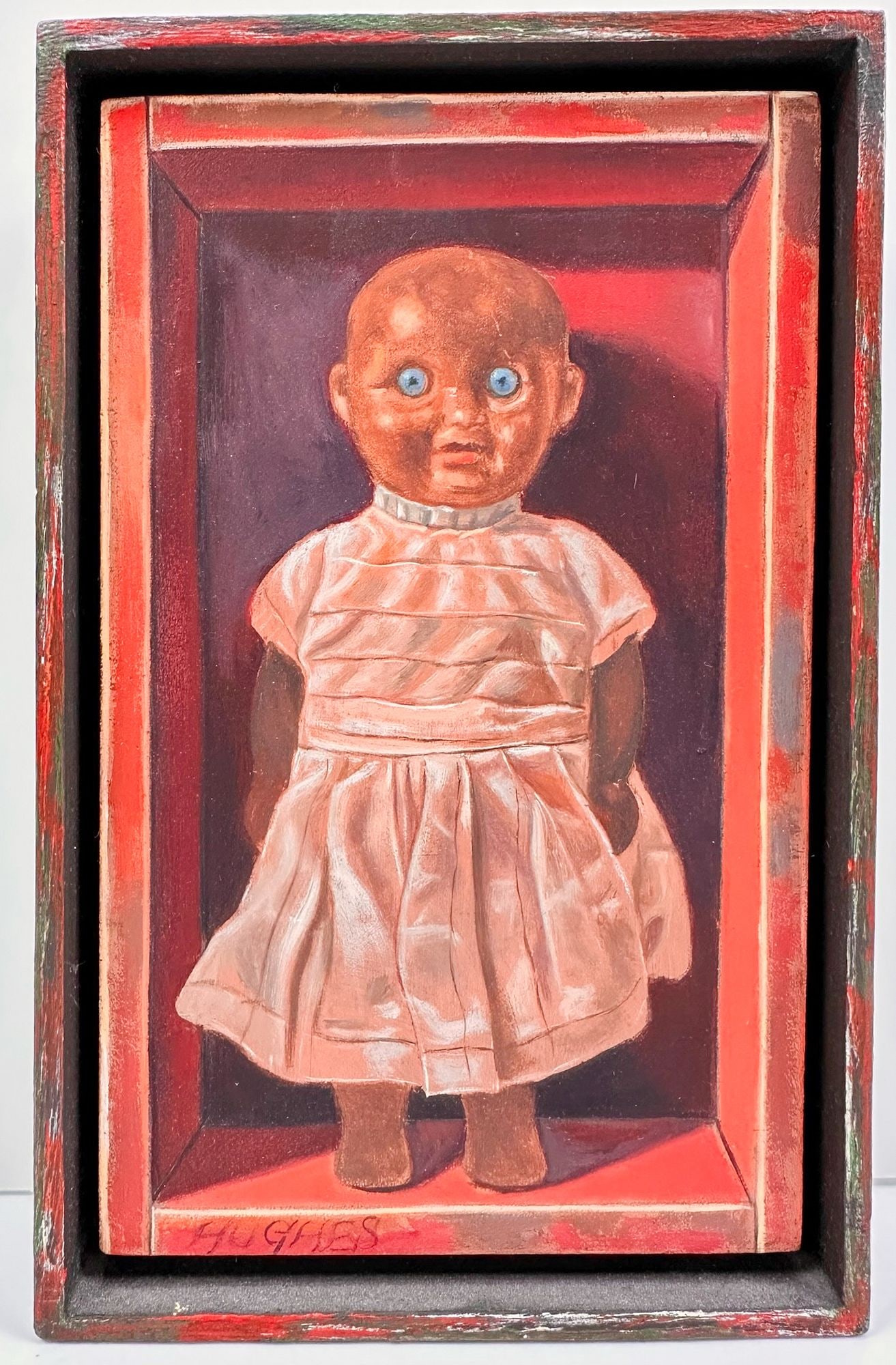 Manuel Hughes (B. 1938) Acrylic On Board, Blue Eyed Doll In Box #1: Signed in the lower left corner. Depicts a doll in a box. Hand painted wooden frames. Dimensions: Painting with frame is approximately 9.5 in H x 6 in W. Total weight is approximately 1 lbs. LO