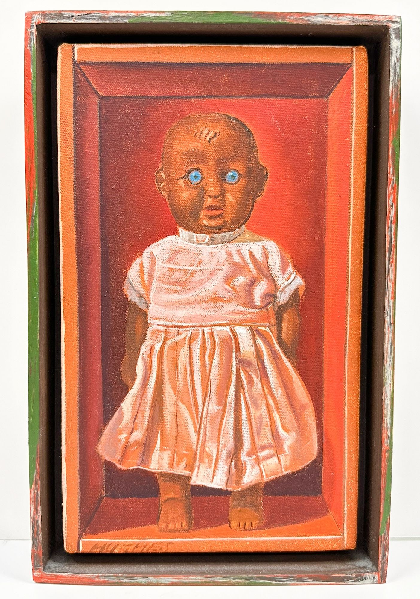 Manuel Hughes (B. 1938) Oil On Canvas, Blue Eyed Doll In Box #1: Signed in the lower left corner. Depicts a doll in a box. Hand painted wooden frames. Dimensions: Painting with frame is approximately 9.5 in H x 6 in W. Total weight is approximately 1 lbs. LO