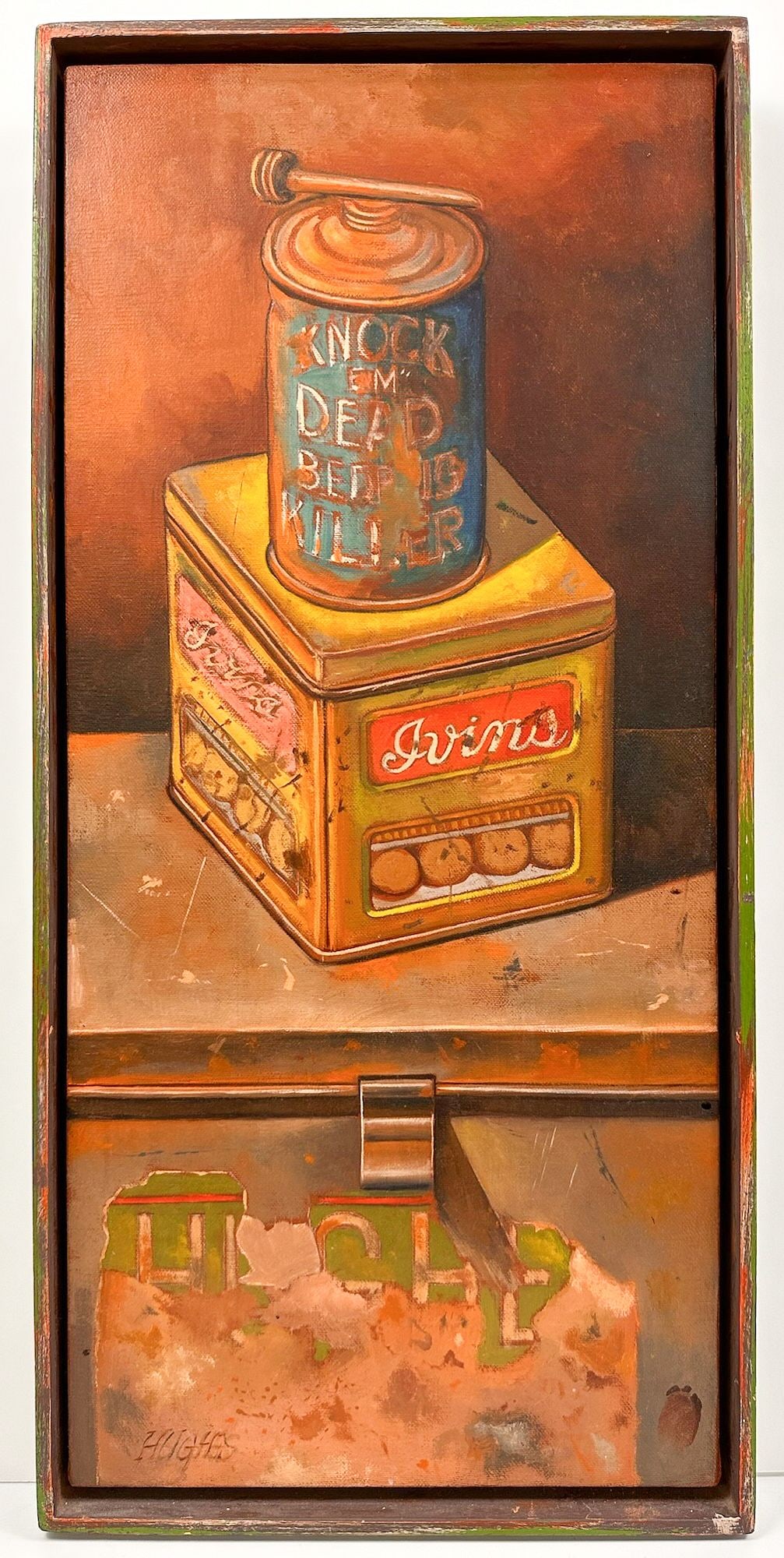 Manuel Hughes (B. 1938) Oil On Canvas, Arkansas Memories, Bug Spray: Titled Arkansas Memories, Bug Spray. Signed in the lower left corner. Depicts a still life of various tin containers. Hand painted wooden frames. Dimensions: Painting with frame is approximately 25 in
