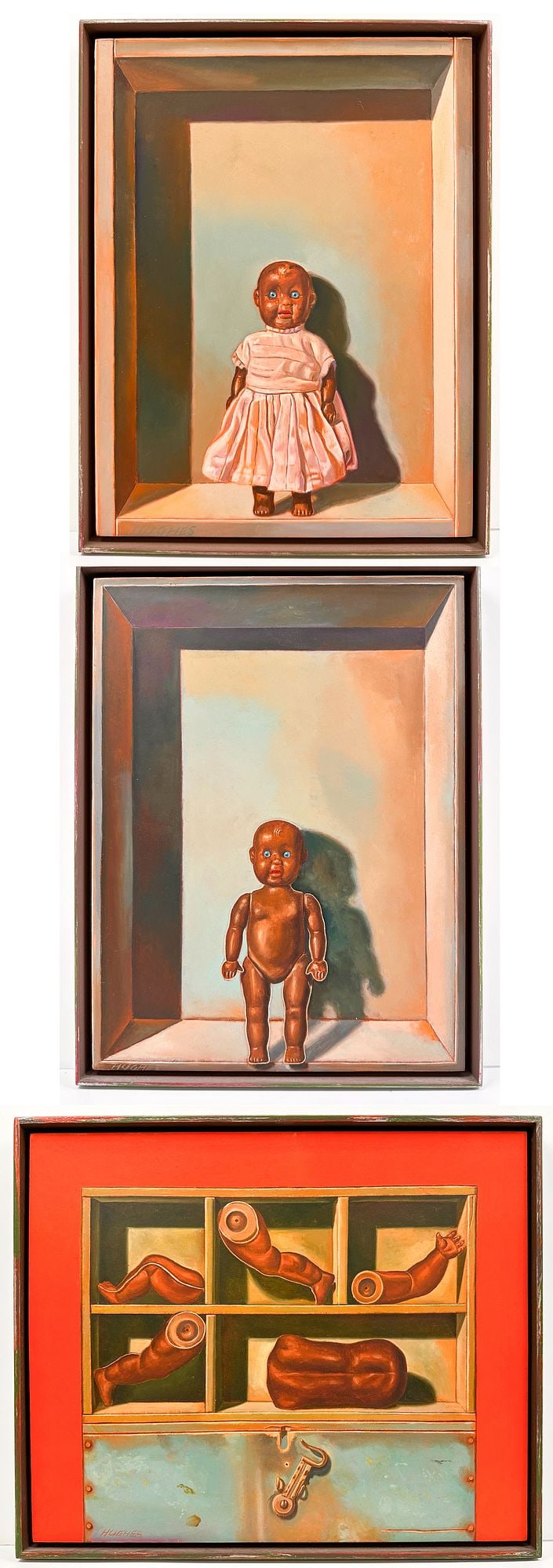 Manuel Hughes (B. 1938) Acrylic On Board, Doll And Doll Parts Triptych (1 of 10)