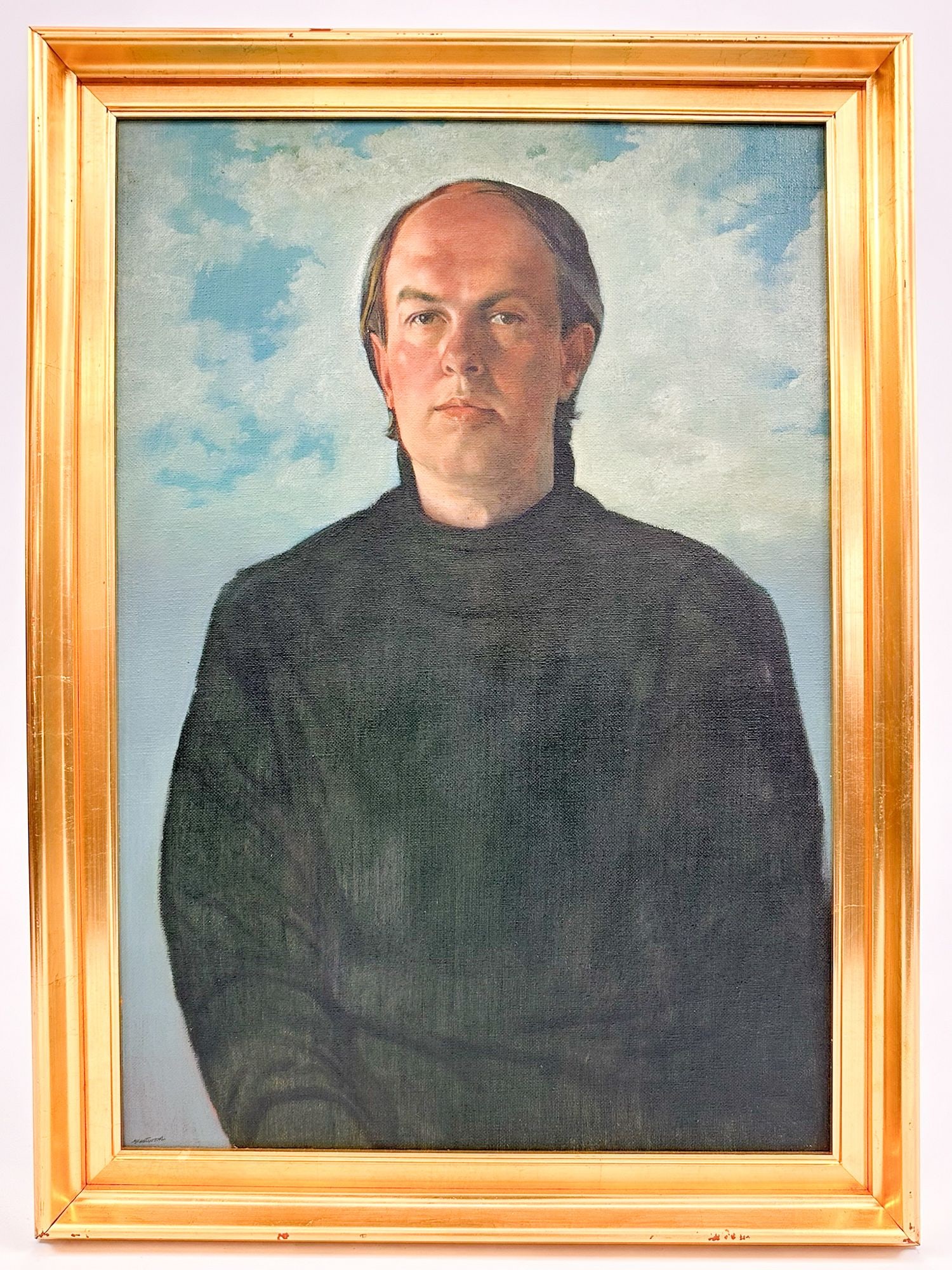 Bryan Westwood (1930-2000) Oil On Canvas Board, Self Portrait: Signed in the lower left corner. Depicts a self portrait of the artist with sky and clouds in the background. Dimensions: Visible image is approximately 21 in H x 14.5 in W. Frame is approximately 24.