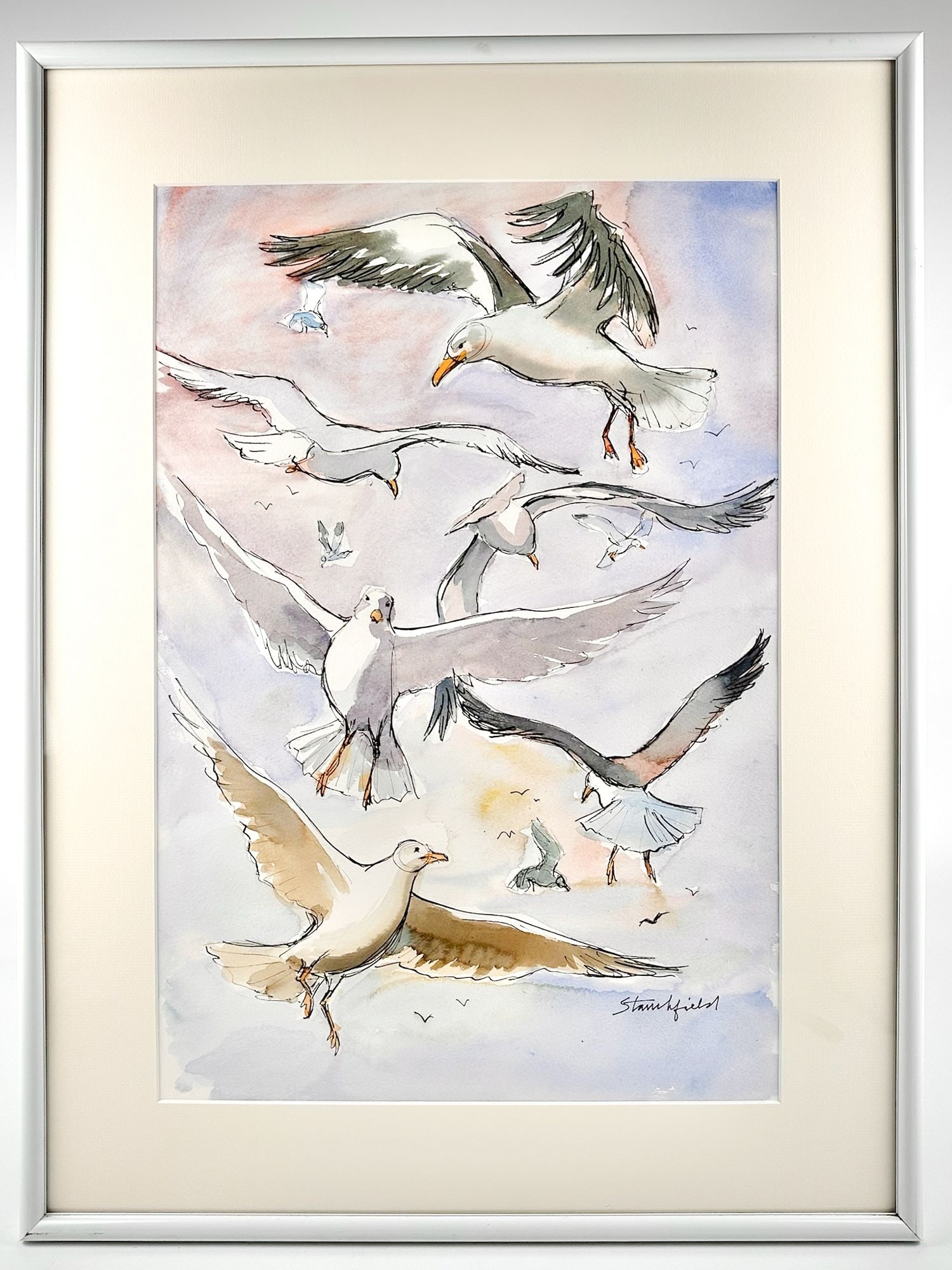 Walt Stanchfield (1919-2000) Disney Animator Original Watercolor Painting on Paper, Gossiping Gulls (1 of 4)