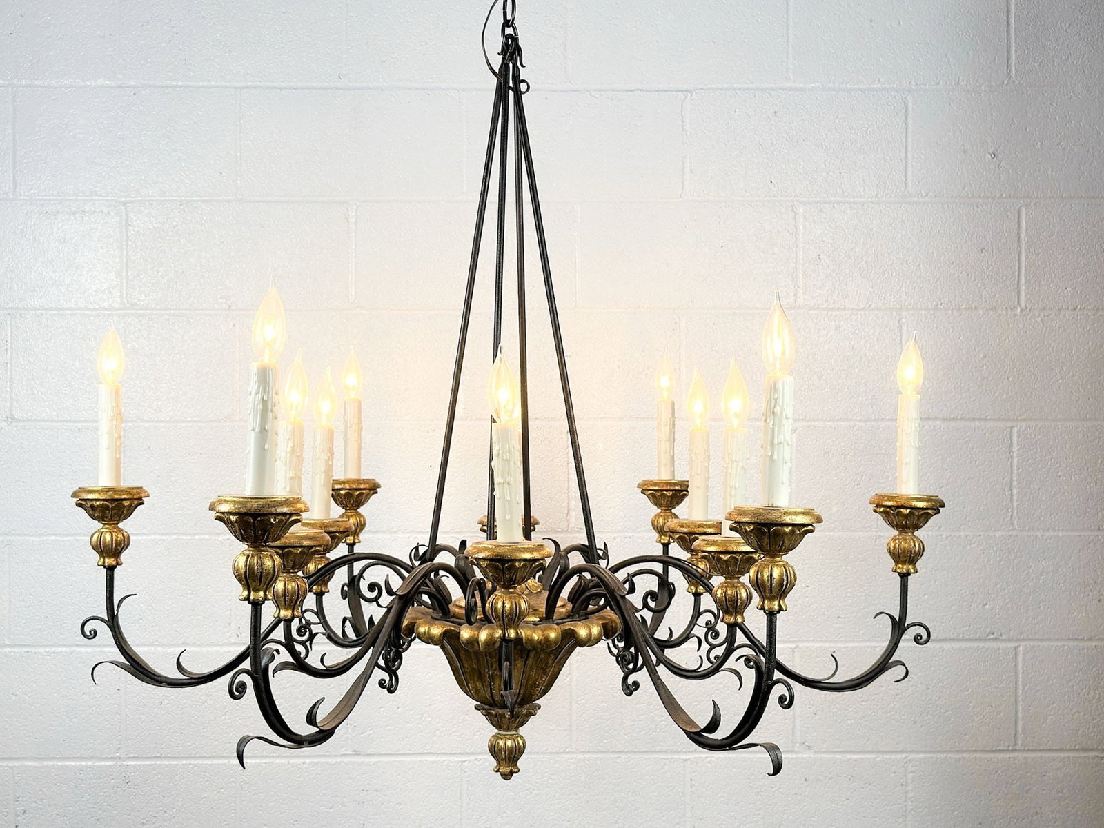 Venetian Italian Designer Twelve Arm Gilt-Wood and Wrought Iron Chandelier (1 of 3)