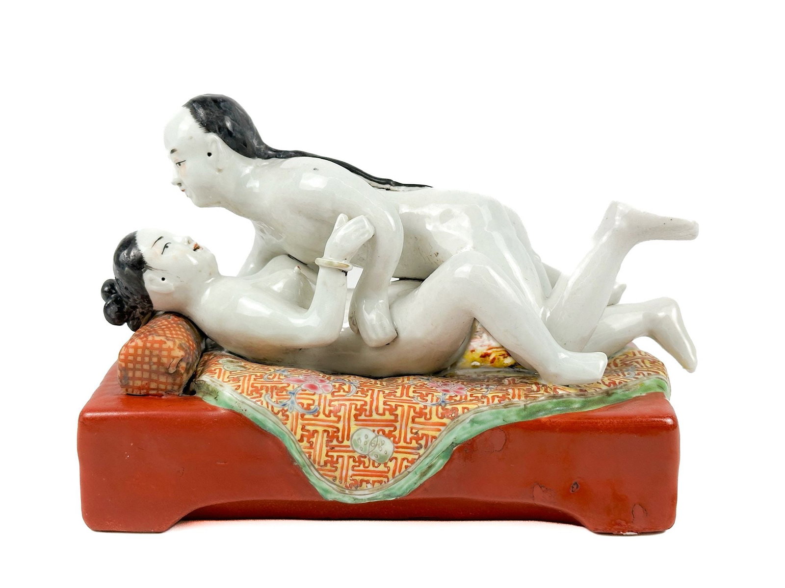 Chinese Qing Style Porcelain Erotic Sculpture: Titled Mandarin and His Mistress, reproduction in the style of 19th Century Qing Dynasty. Impressed seal on the bottom. Approximately 6 in H x 9.25 in W x 5.25 in D. Approximately 3 lbs 12 oz. LOCAL P