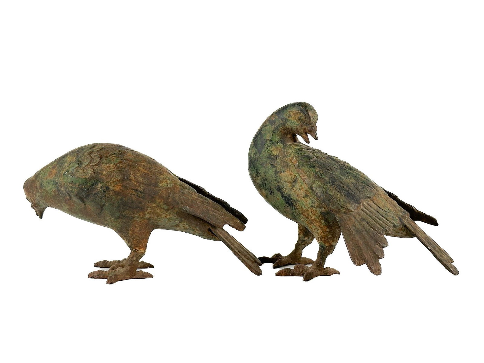 Pair of Vintage Bronze Birds by Toyo Japan: Bronze with applied gilt, made in the 20th century. Two birds with open beaks and detailed feathers. Pairs of birds were considered auspicious for weddings symbolizing fidelity and longevity. Each bir