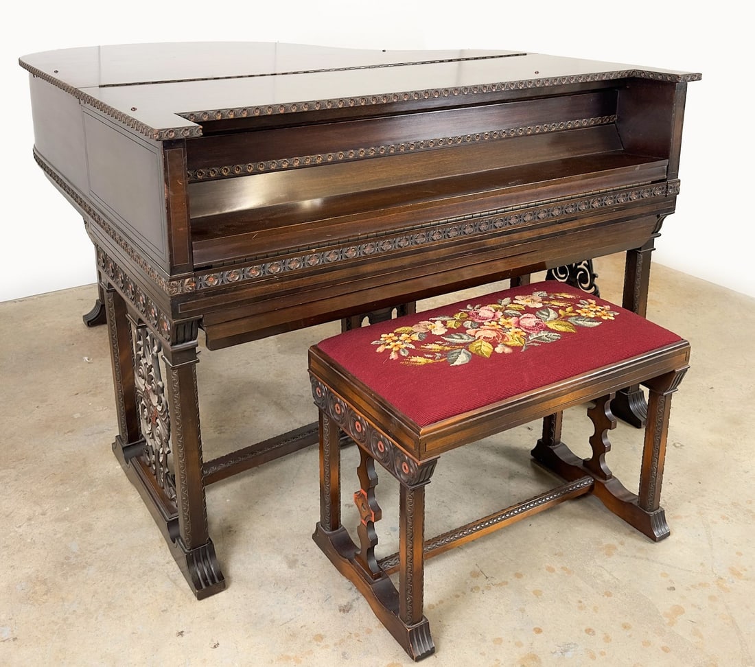 Antique Marshall & Wendell Ampico Baby Grand Player Piano with Bench: This is the Ampico model. Features ornate carved wood trim with painted floral motifs and cast iron fleurs on each of the three legs. Includes piano bench with upholstered cross stitch cushion. Approx