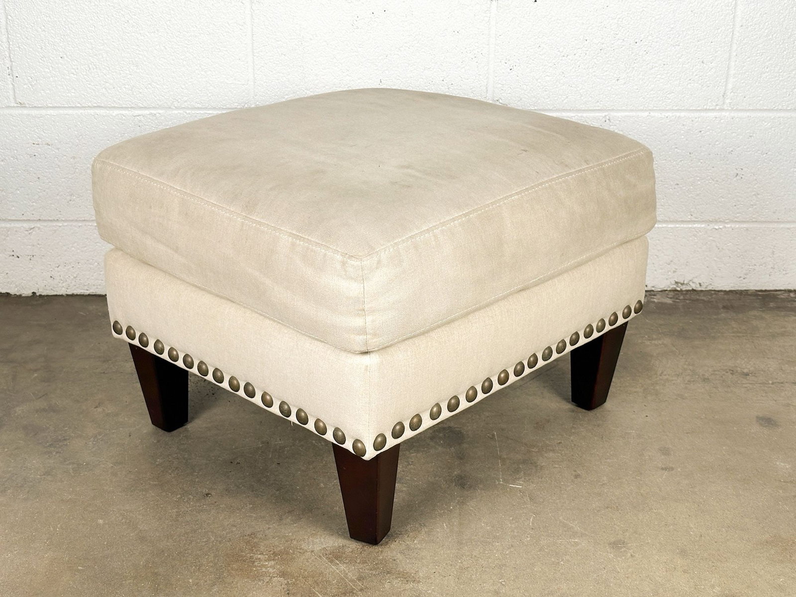 Pottery Barn Upholstered Linen Ottoman w/ Brass Rivets (1 of 7)