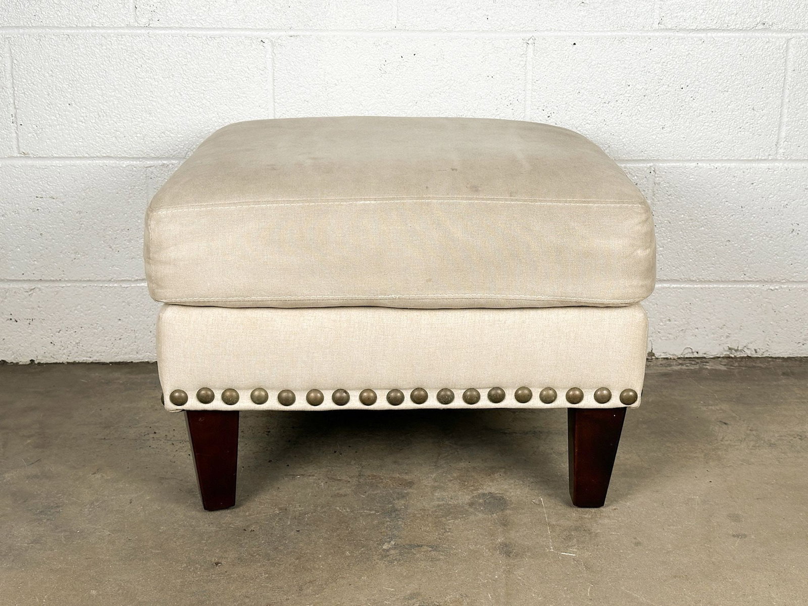 Pottery Barn Upholstered Linen Ottoman w/ Brass Rivets - 2