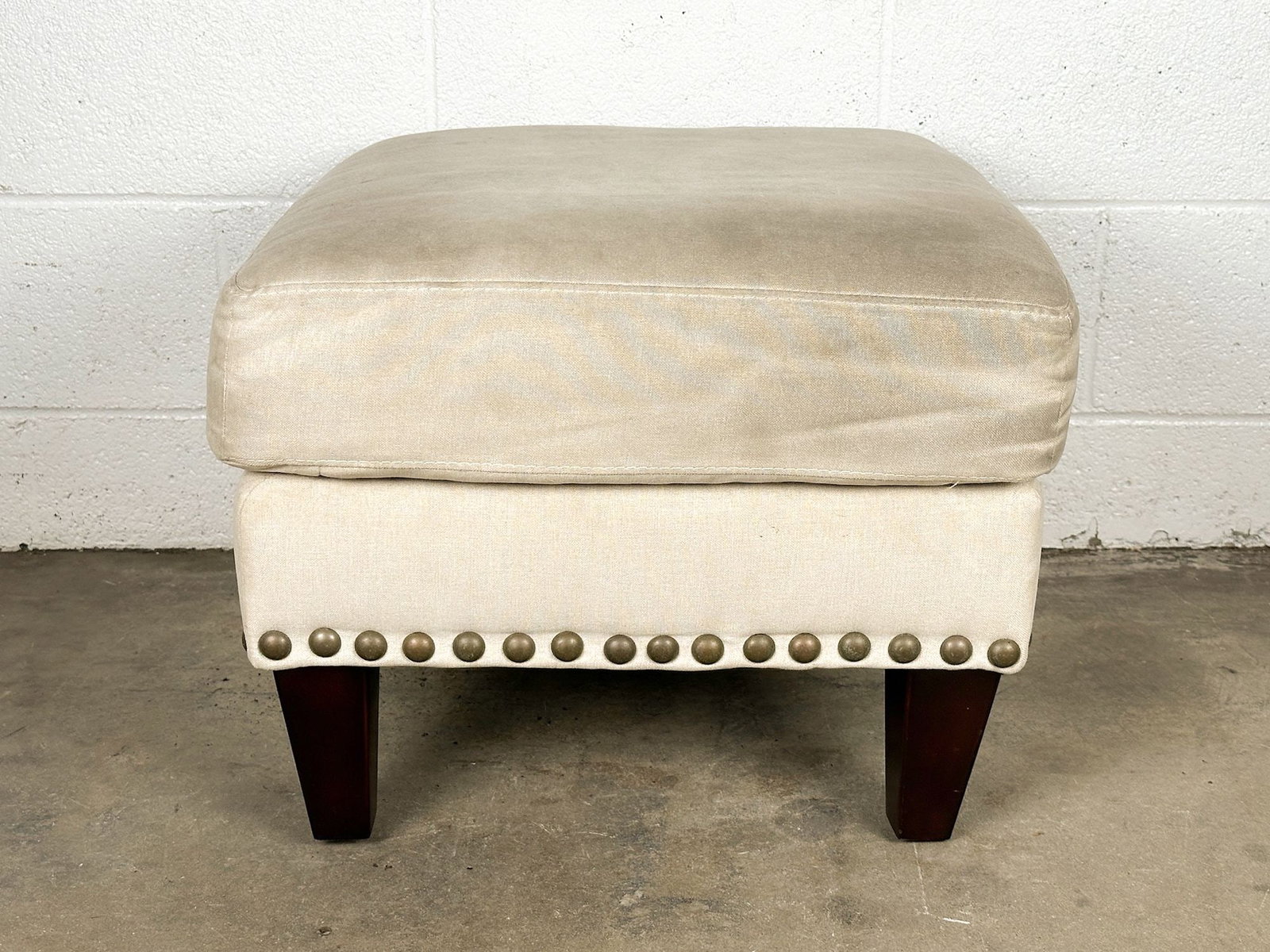 Pottery Barn Upholstered Linen Ottoman w/ Brass Rivets - 3