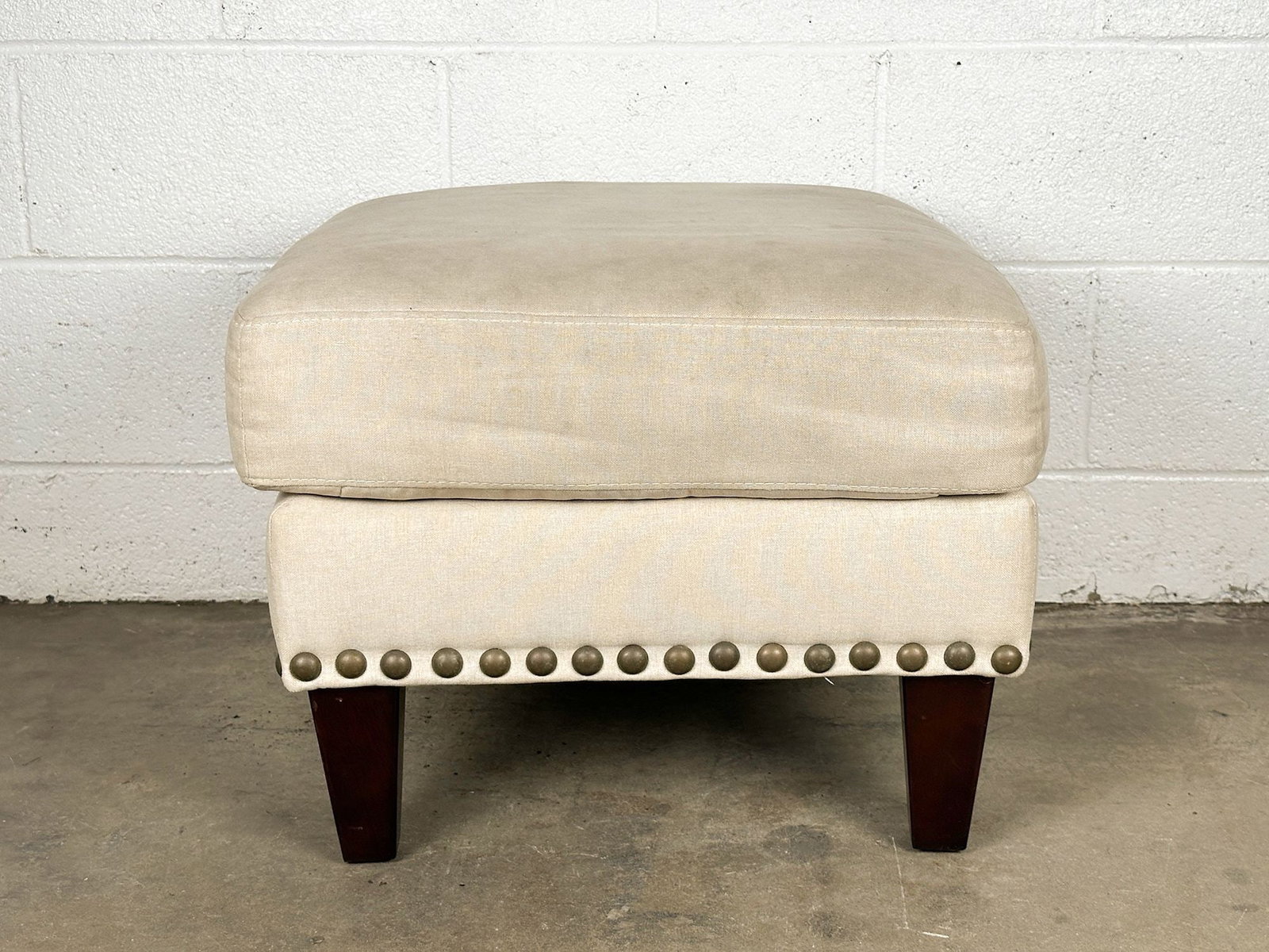 Pottery Barn Upholstered Linen Ottoman w/ Brass Rivets - 4
