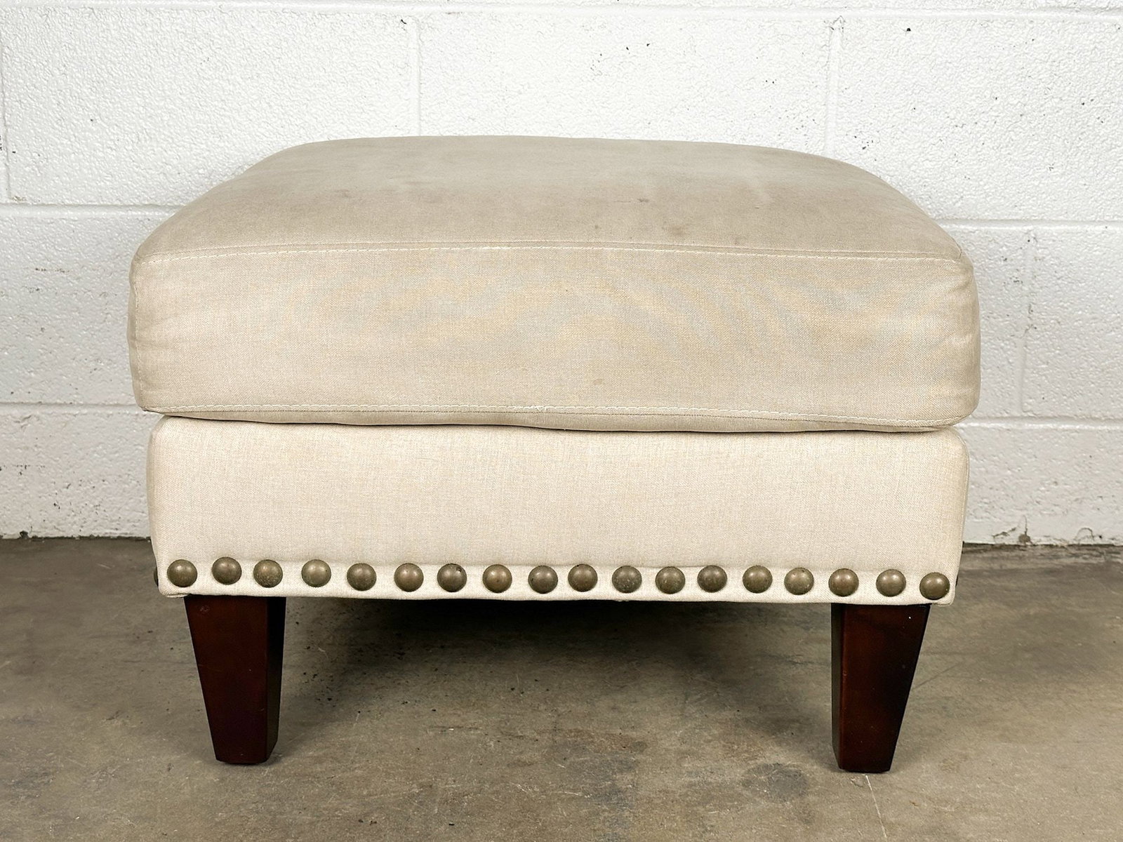 Pottery Barn Upholstered Linen Ottoman w/ Brass Rivets - 5
