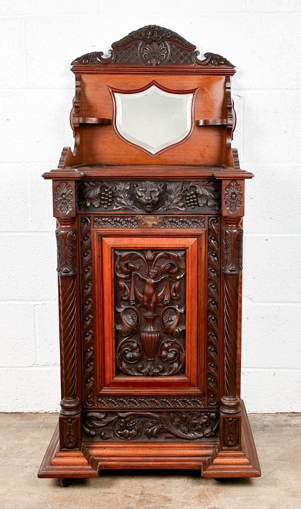 Antique Carved Oak Fireside Coal Cabinet with Monogram and Cherub Motif (1 of 7)