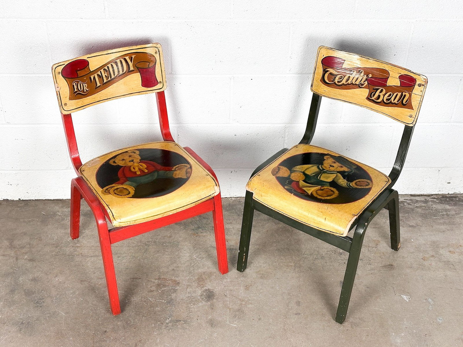 Pair of Vintage Hand-Painted Teddy Bear Children's Chairs: Each chair has a painting of a teddy bear on the seat and text on the backrest. Dimensions: Each chair is approx. 27.75 in H x 16 in W x 17 in D; seat: 15 in H. LOCAL PICK UP INFORMATION: Wednesday, J